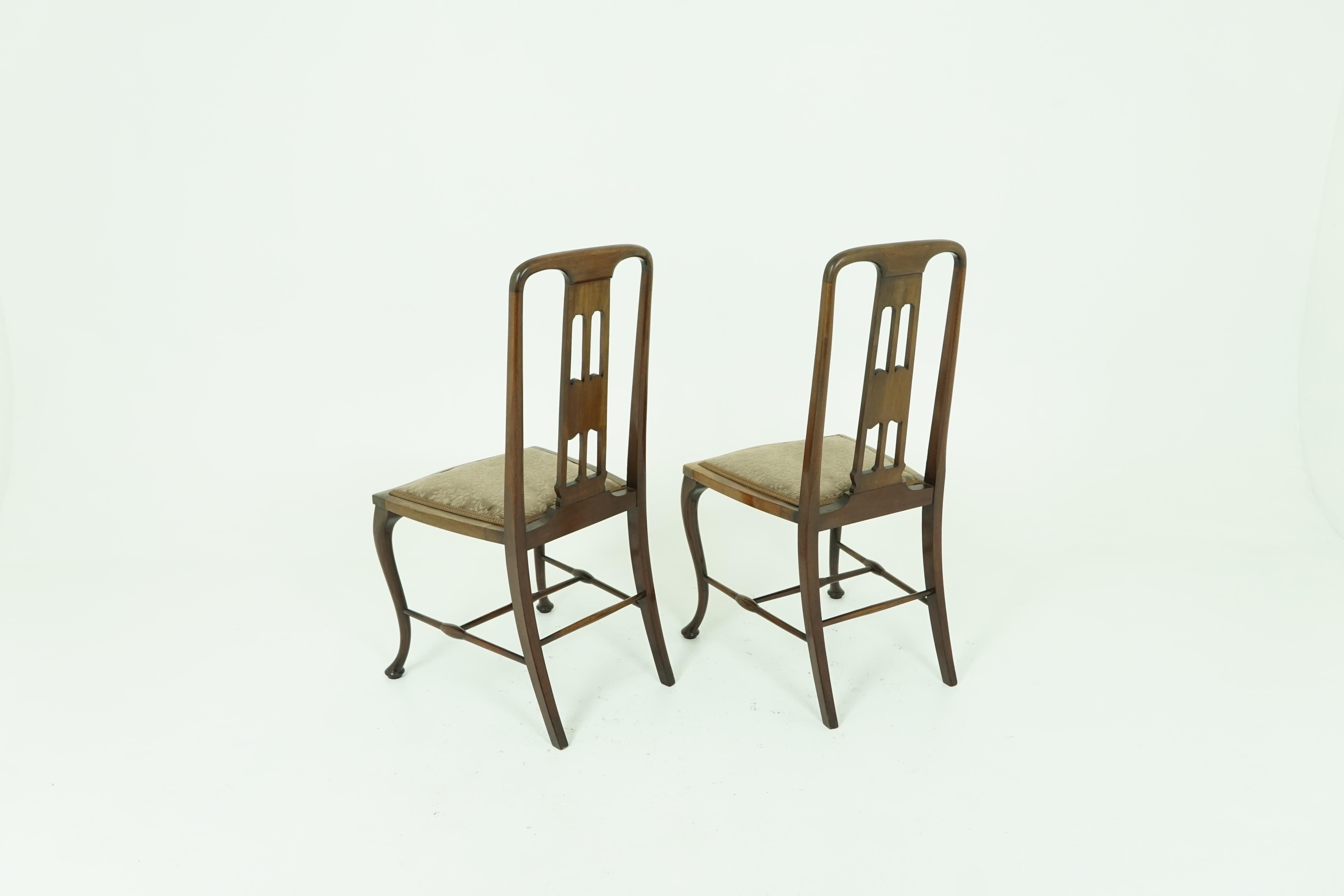 Scottish Antique Walnut Chairs, Pair of Art Nouveau Inlaid Seats, Scotland 1910, B1887