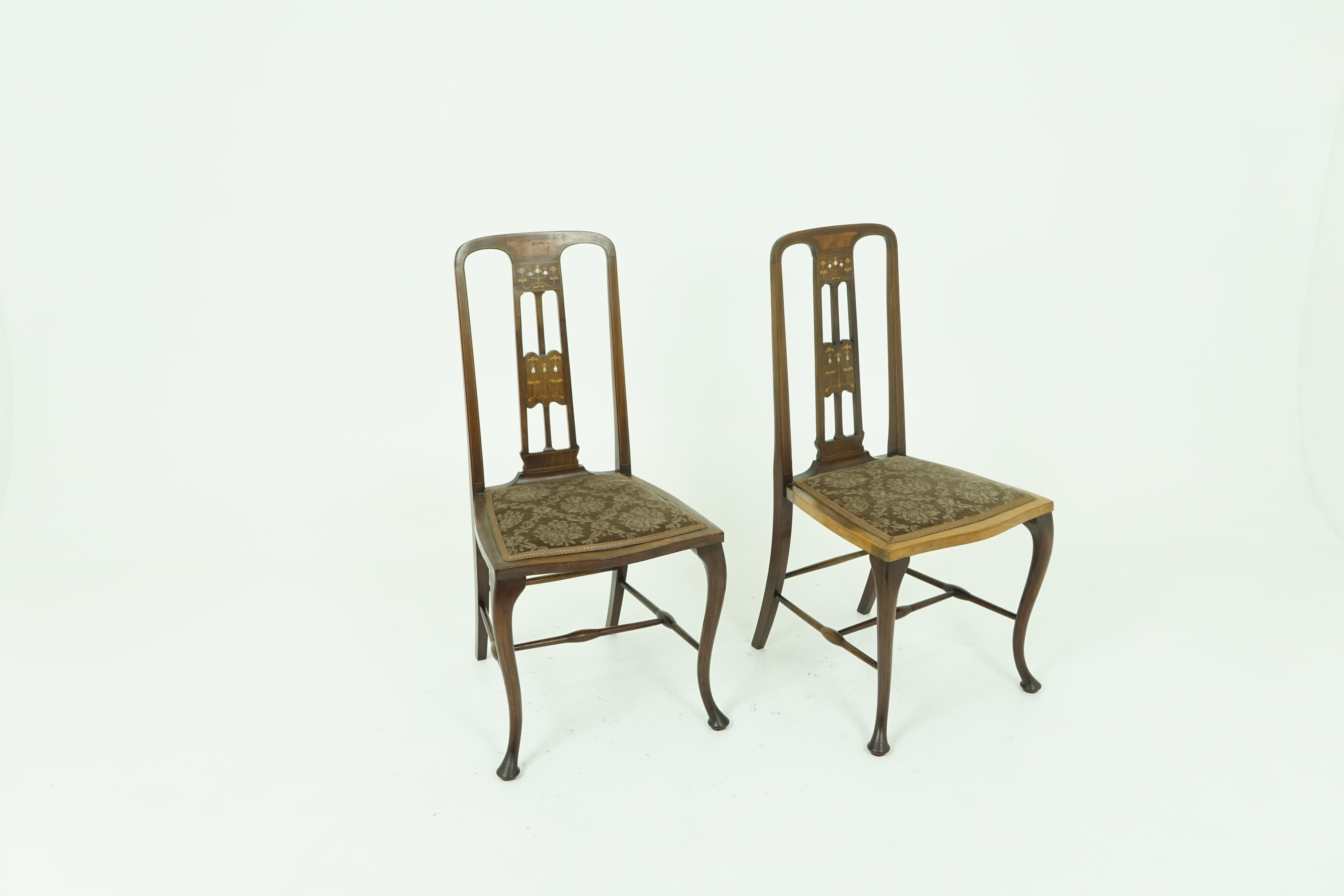 Antique Walnut Chairs, Pair of Art Nouveau Inlaid Seats, Scotland 1910, B1887 In Good Condition In Vancouver, BC