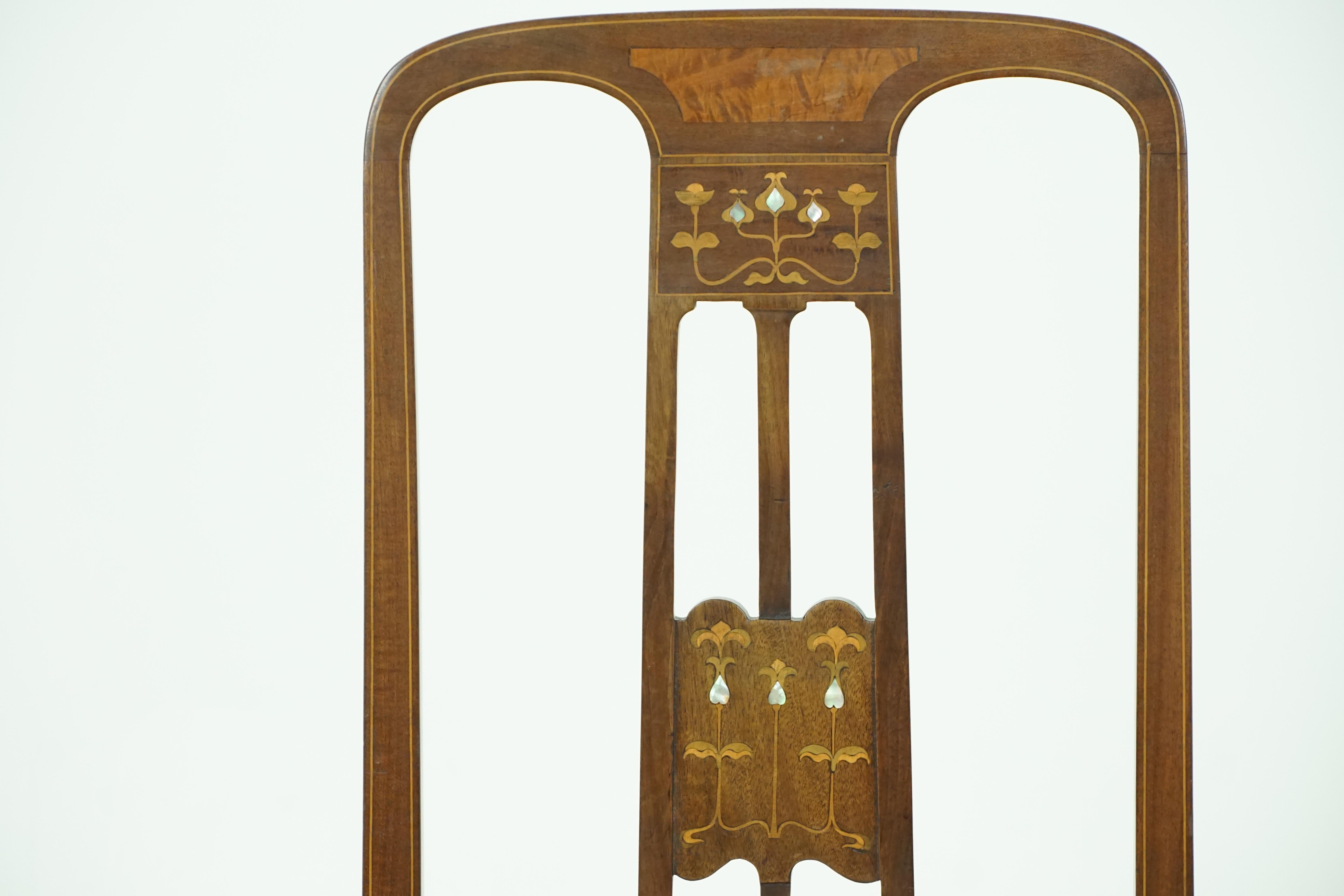 Early 20th Century Antique Walnut Chairs, Pair of Art Nouveau Inlaid Seats, Scotland 1910, B1887