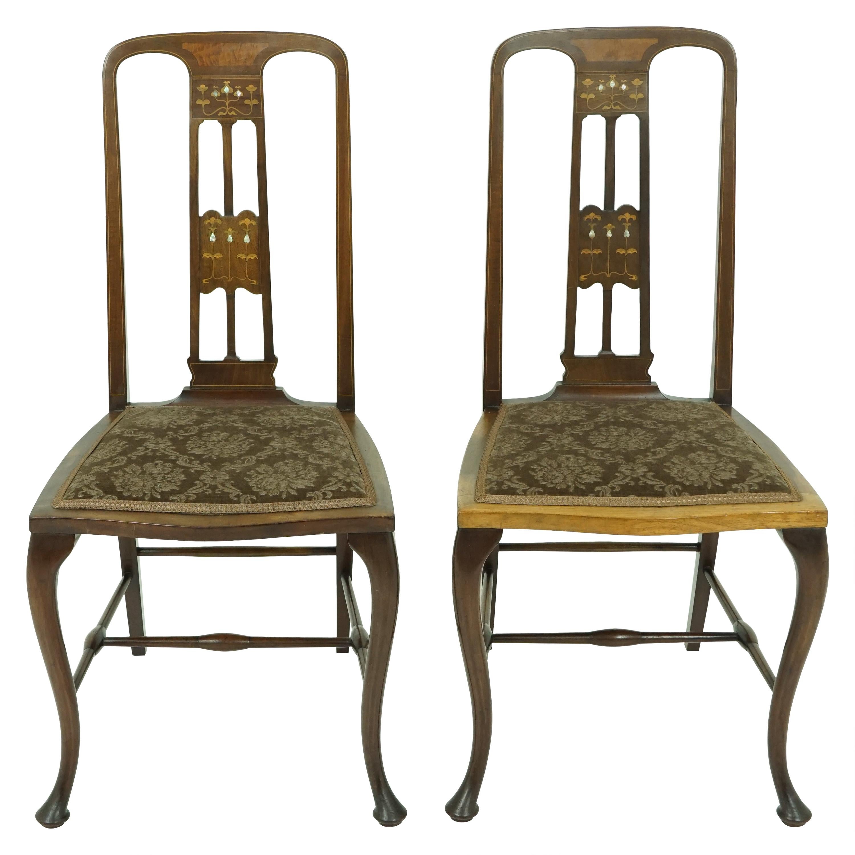 Antique Walnut Chairs, Pair of Art Nouveau Inlaid Seats, Scotland 1910, B1887
