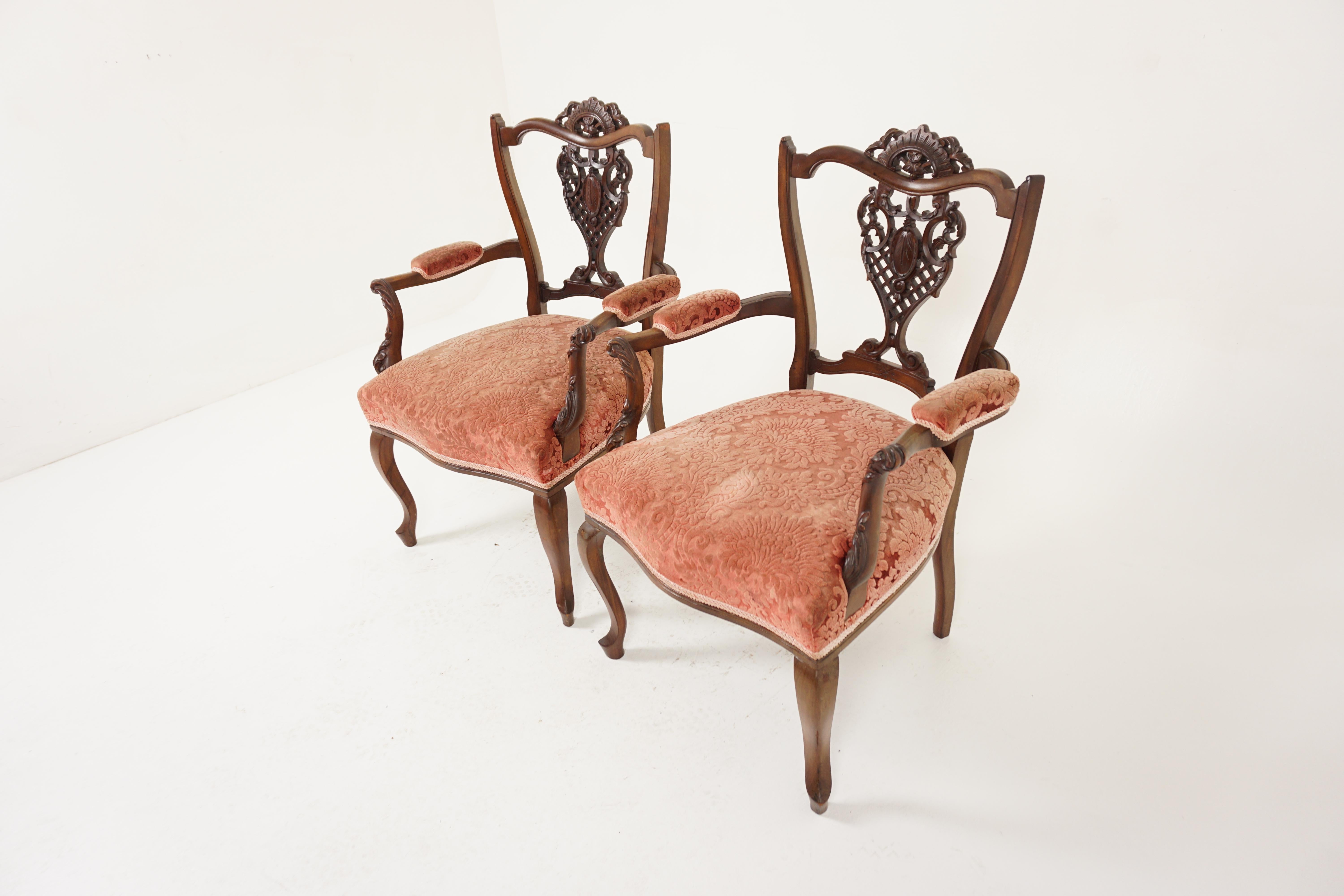 Antique Walnut Chairs, Pair of Edwardian Carved Walnut Arm Chairs, Parlor Chairs, Antique Furniture, Scotland 1900, H983

+ Scotland 1900 
+ Solid walnut 
+ Original finish 
+ Shaped carved top rail with foliage carving on crest and shaped