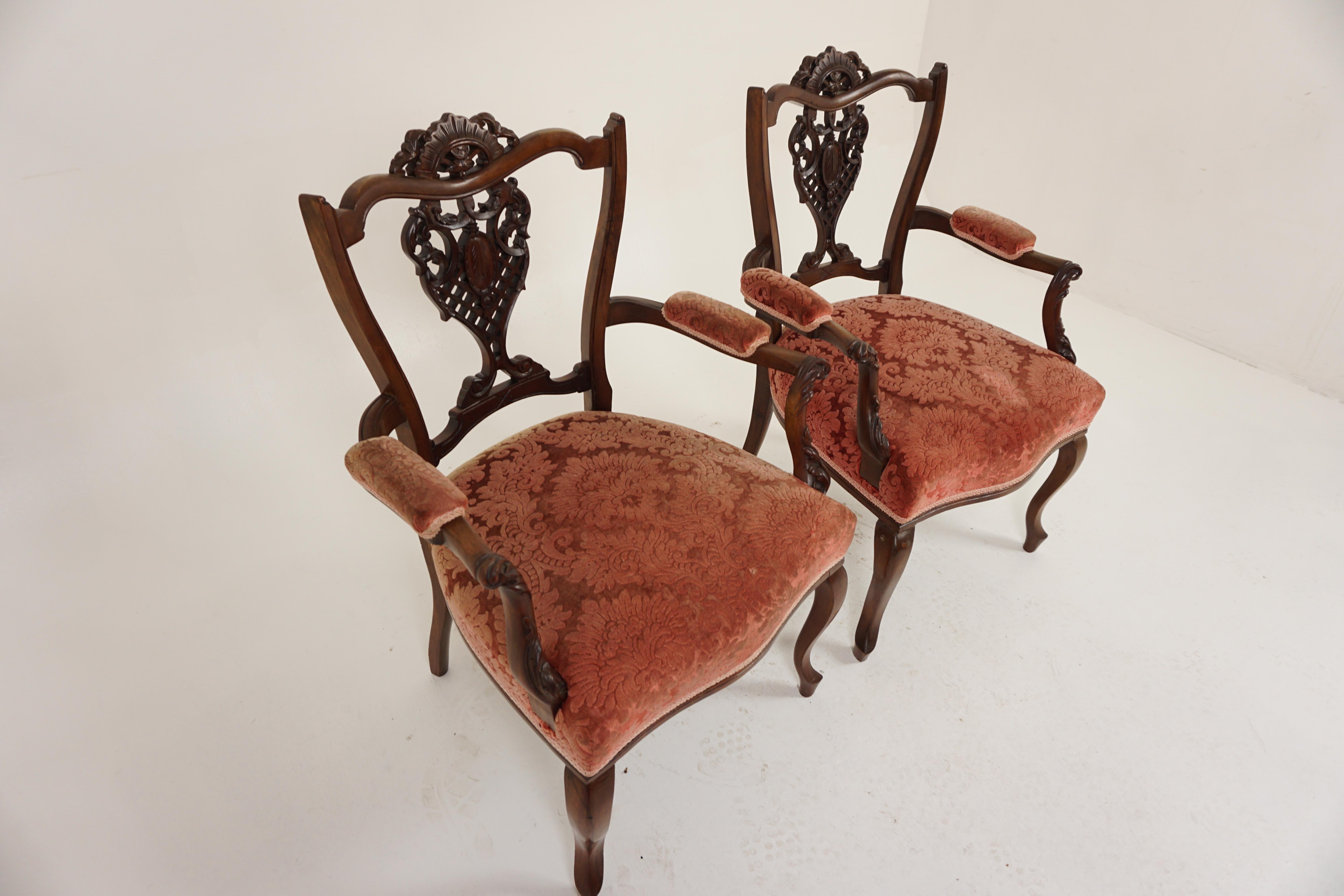 Scottish Antique Walnut Chairs, Pair of Edwardian Carved Arm Chairs, Scotland 1900, H983 For Sale