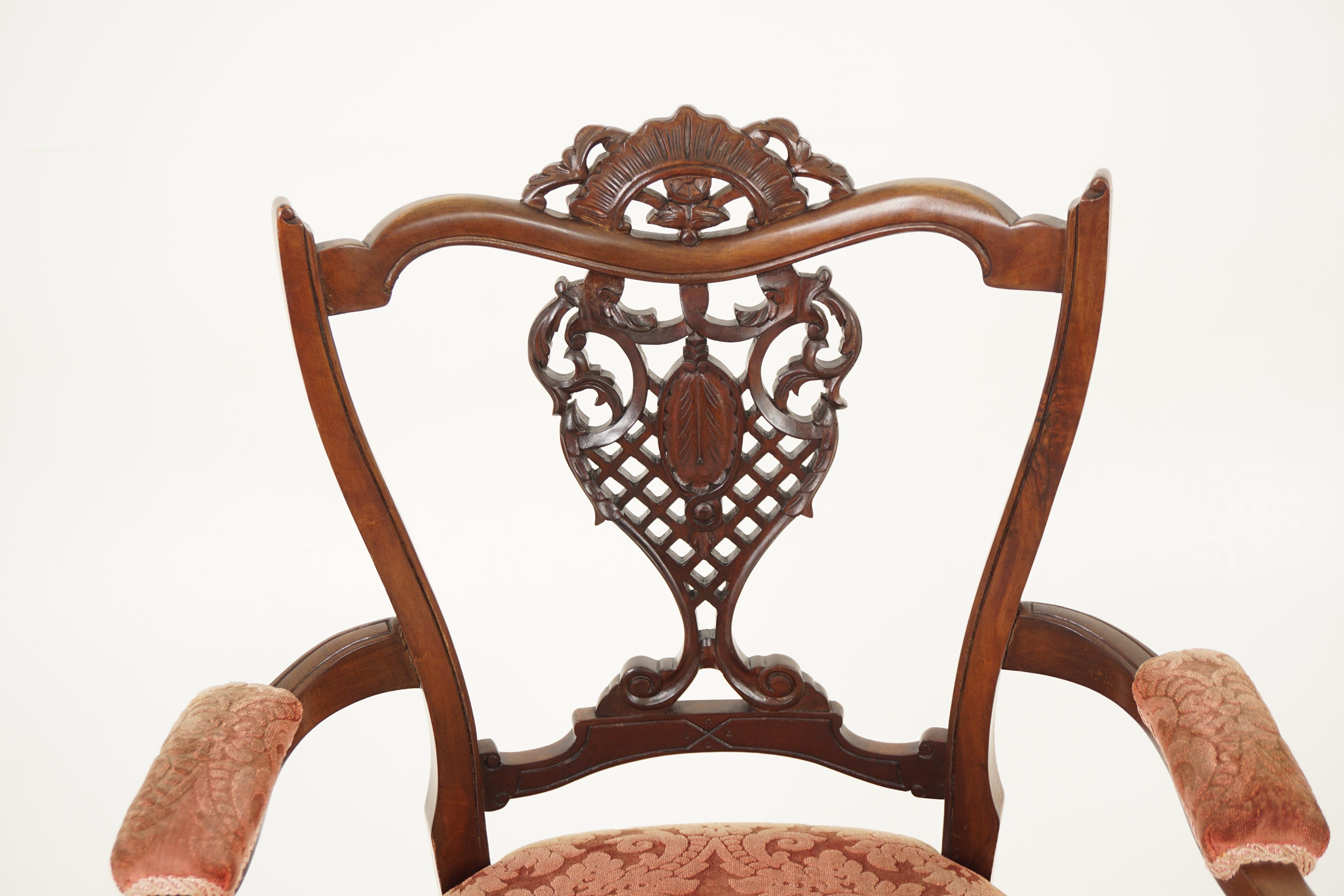 Hand-Crafted Antique Walnut Chairs, Pair of Edwardian Carved Arm Chairs, Scotland 1900, H983 For Sale