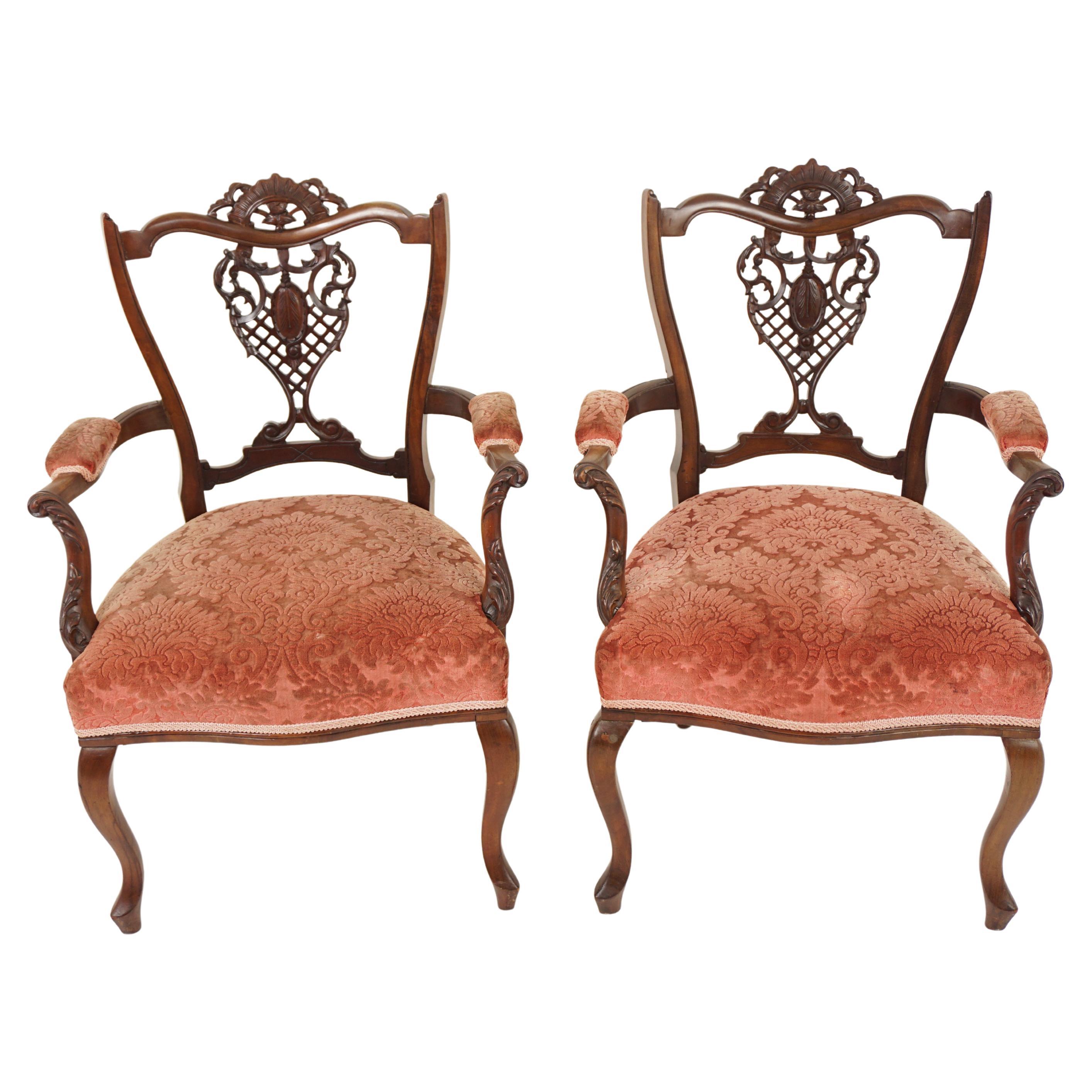 Antique Walnut Chairs, Pair of Edwardian Carved Arm Chairs, Scotland 1900, H983