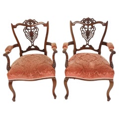 Antique Walnut Chairs, Pair of Edwardian Carved Arm Chairs, Scotland 1900, H983