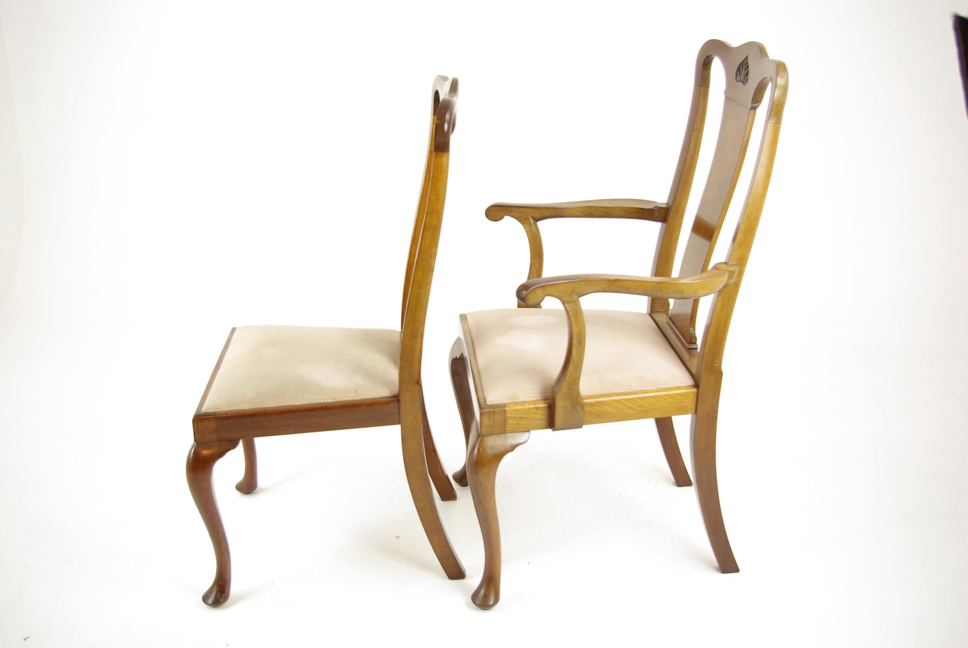 Hand-Crafted Antique Walnut Chairs, Queen Anne Chairs, 7 Dining Chairs, Scotland 1920, B1196
