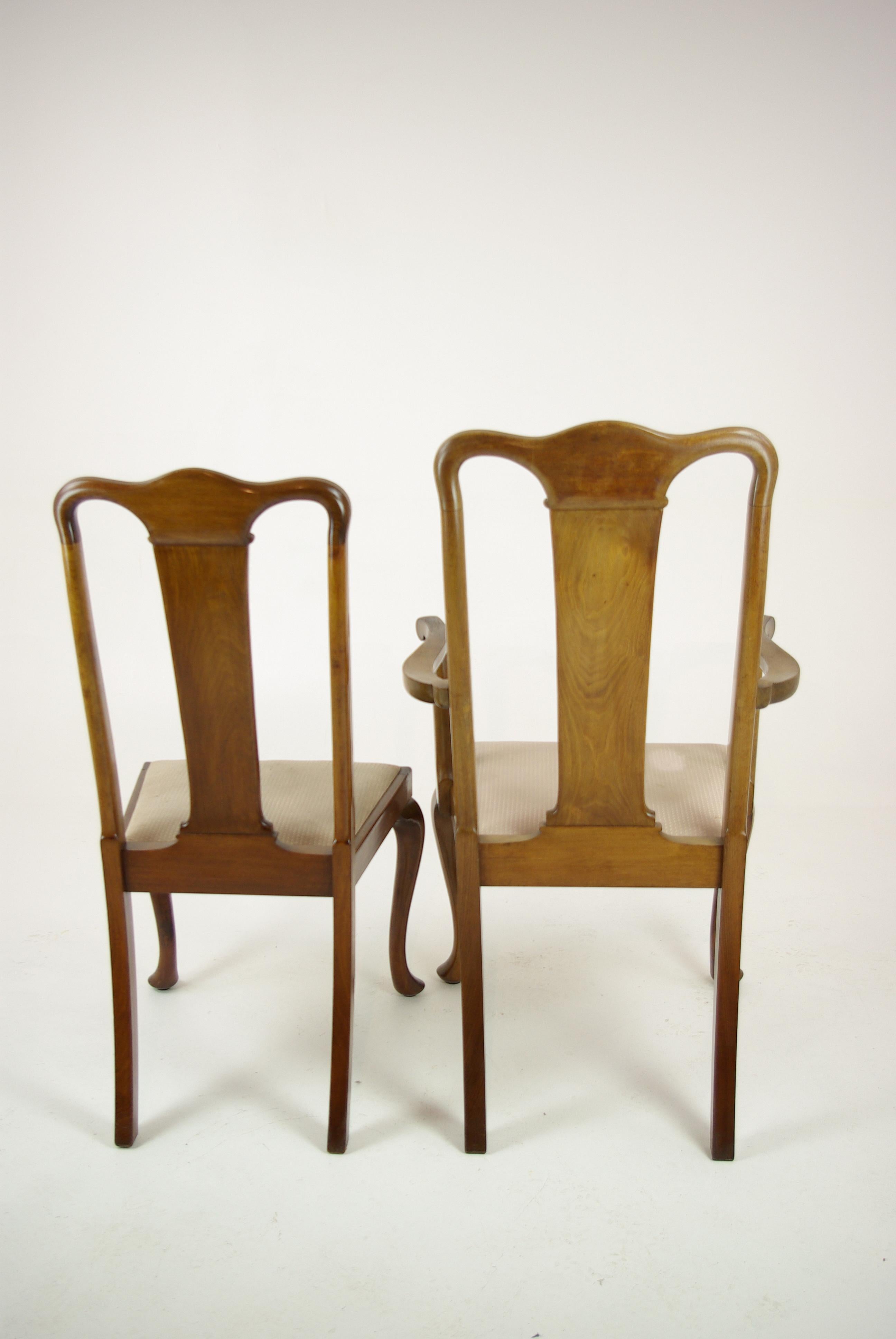 Antique Walnut Chairs, Queen Anne Chairs, 7 Dining Chairs, Scotland 1920, B1196 In Good Condition In Vancouver, BC