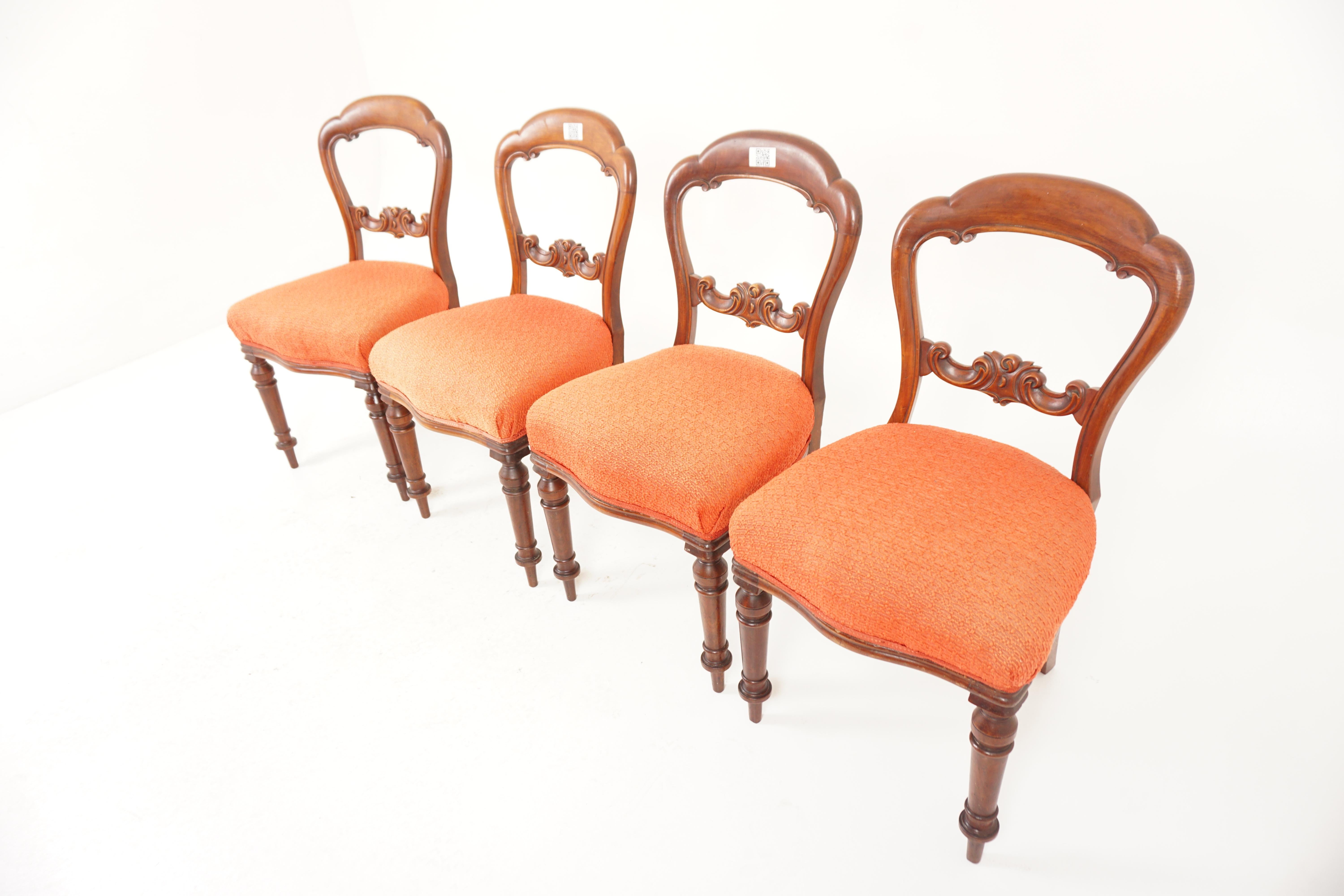 Antique Walnut Chairs, Set of 4 Victorian Balloon Back Dining Chairs, Antique Furniture, Scotland 1880, H952 

+ Scotland 1880
+ Solid Walnut
+ Original Finish
+ Typical Balloon Back with shaped top rail
+ With a carved foliate design along