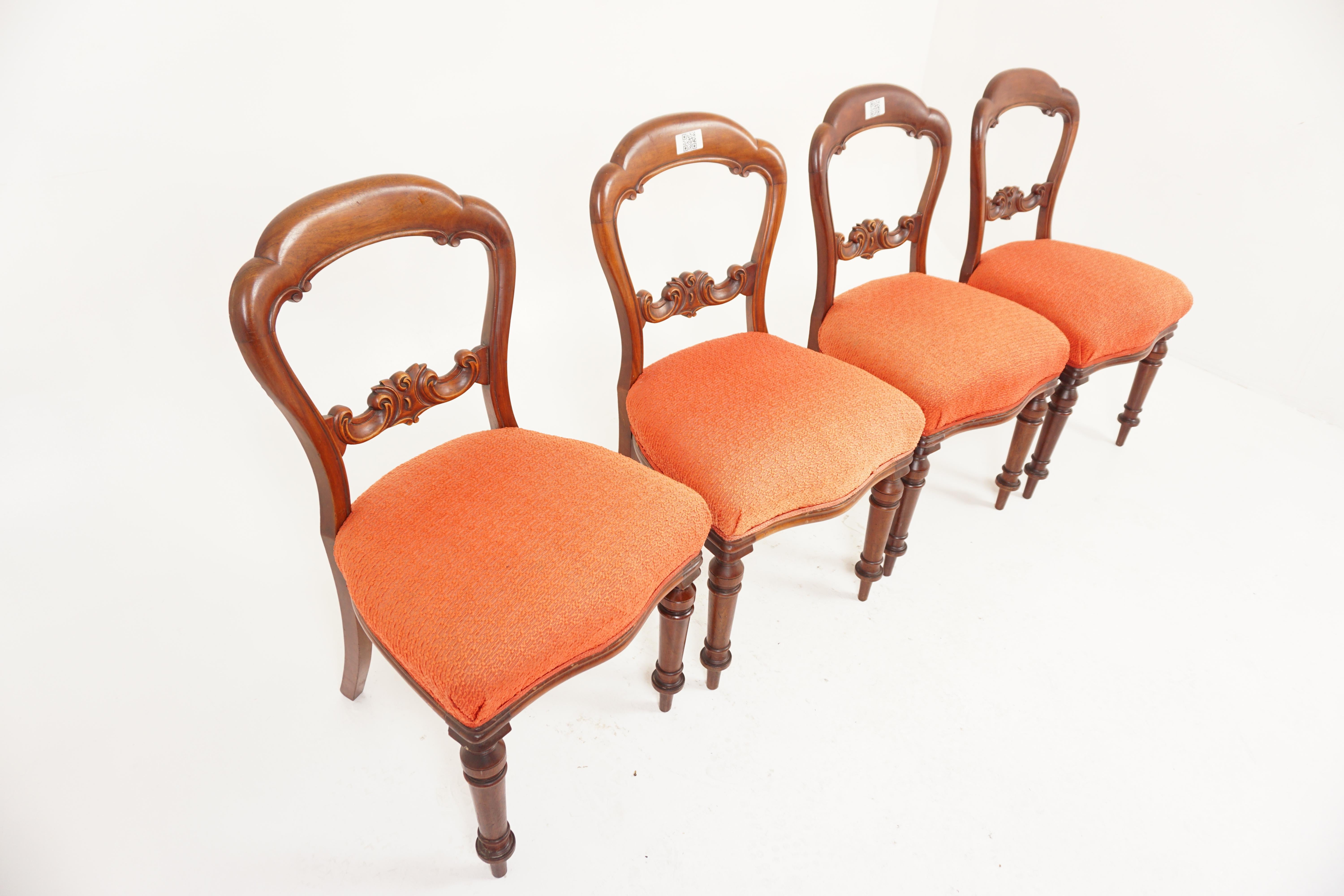 Victorian Antique Walnut Chairs, Set of 4 Balloon Back Dining Chairs, Scotland 1880, H952 For Sale
