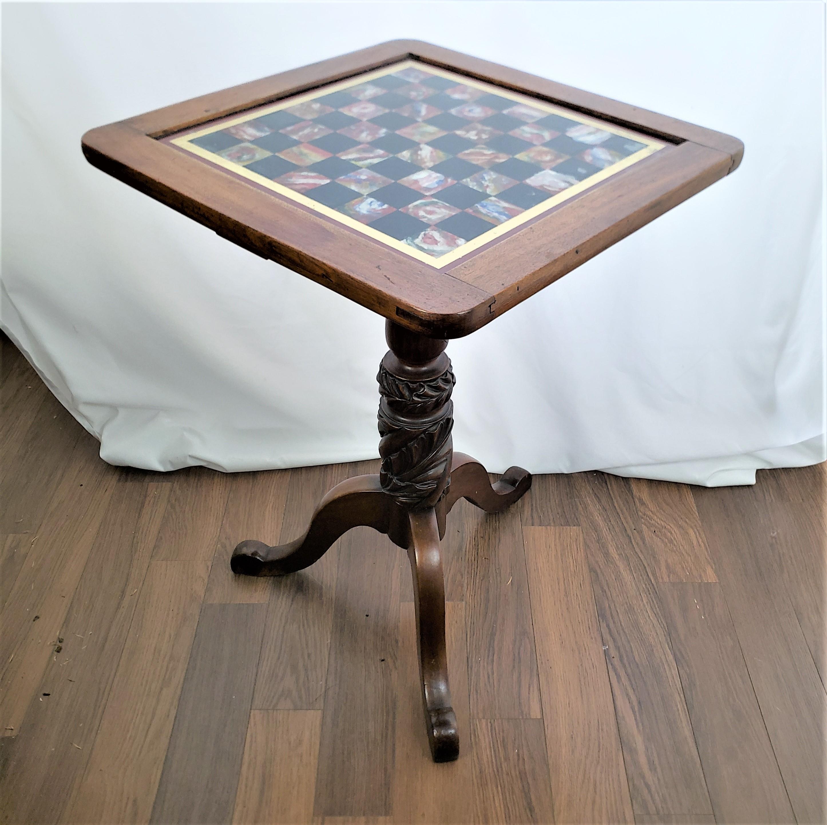 Hand-Carved Antique Walnut Chess or Checkers Games Table with Reverse Painted Glass Top For Sale