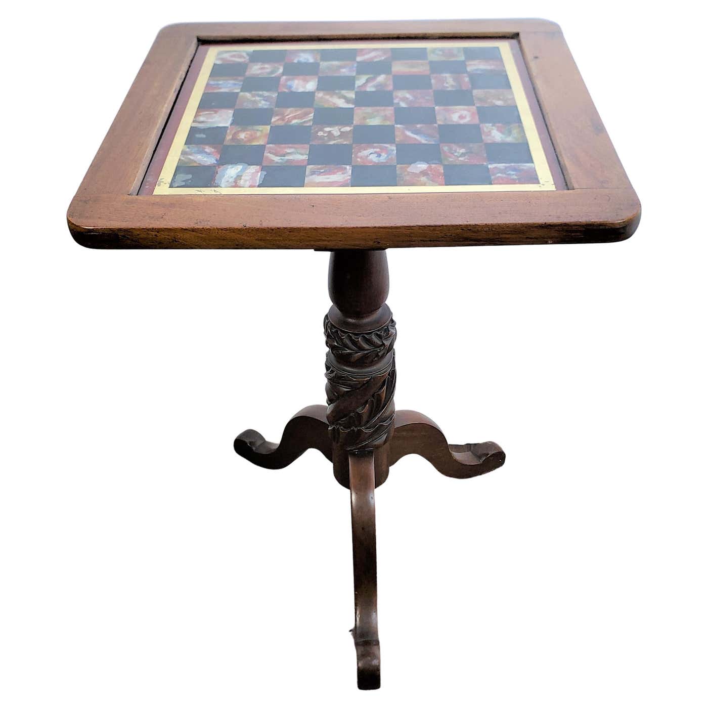 Antique Walnut Chess or Checkers Games Table with Reverse Painted Glass ...