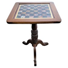 Antique Walnut Chess or Checkers Games Table with Reverse Painted Glass Top