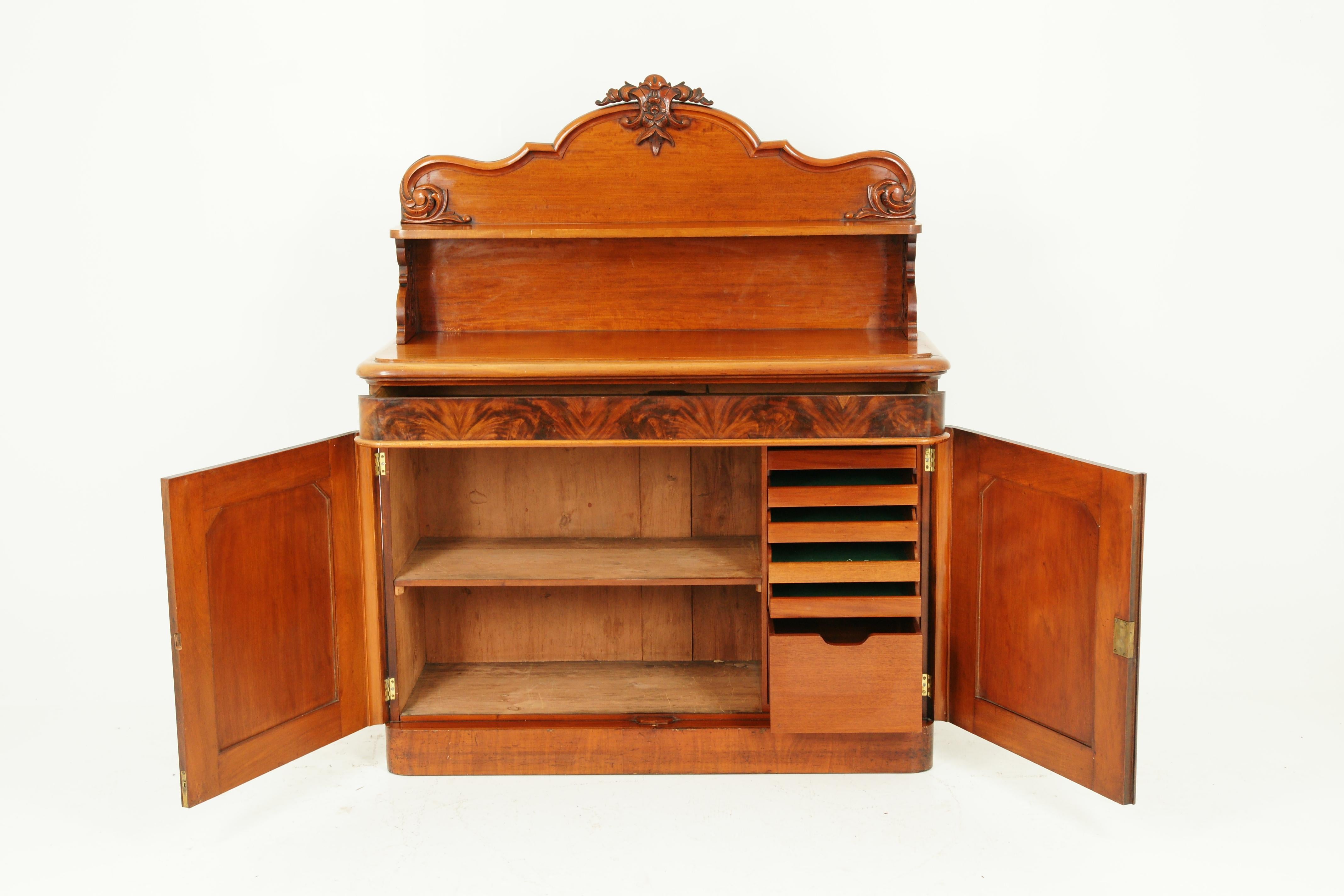 Antique walnut Chiffonier, walnut sideboard, Victorian, Scotland 1870, Antique Furniture, B1597 

Scotland, 1870
Shaped carved back
Single display shelf
Supported by scroll supports
Below with one long drawer
Two paneled cupboard doors
Open to