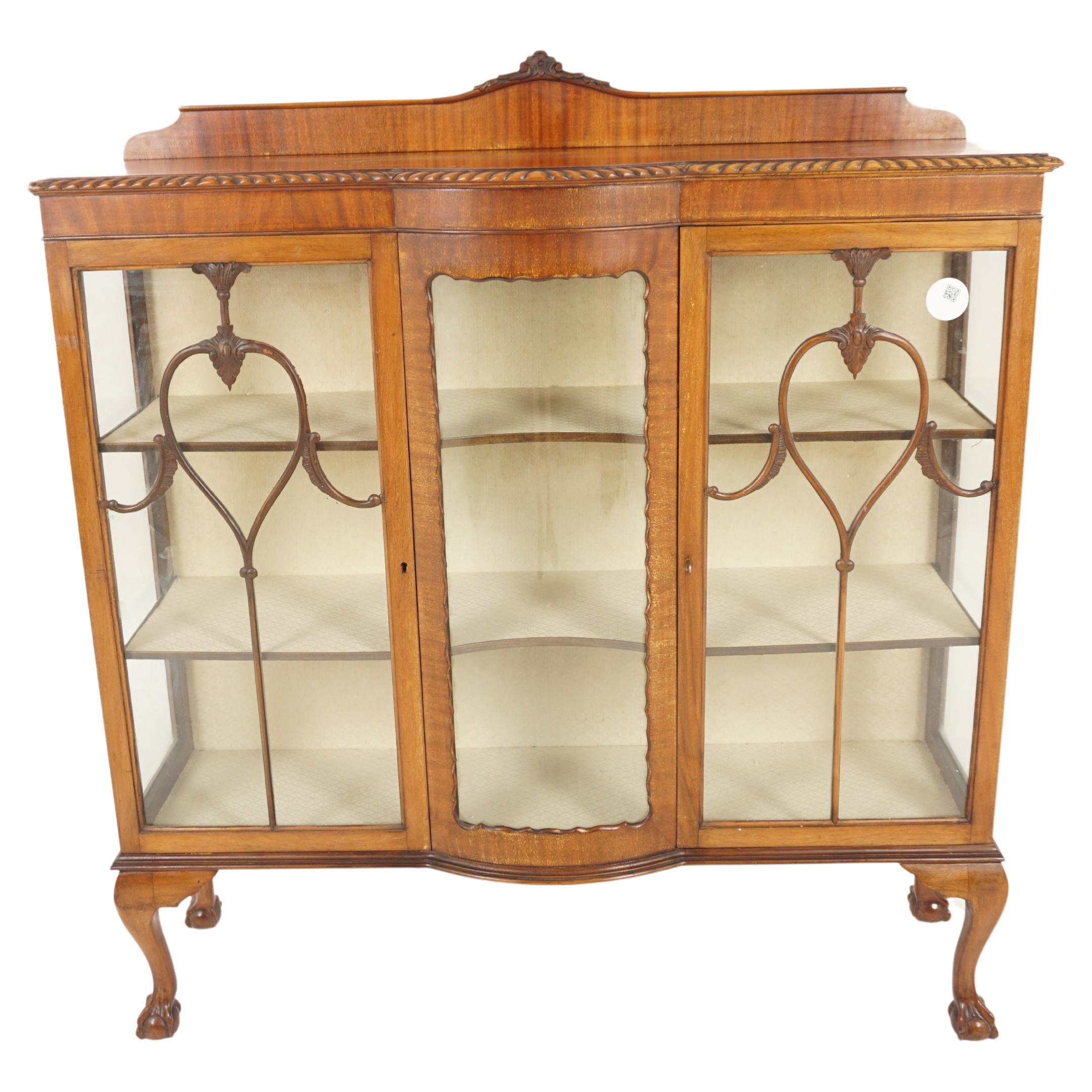 Antique Walnut China Cabinet, Display Shelves, Scotland 1910, H1011
