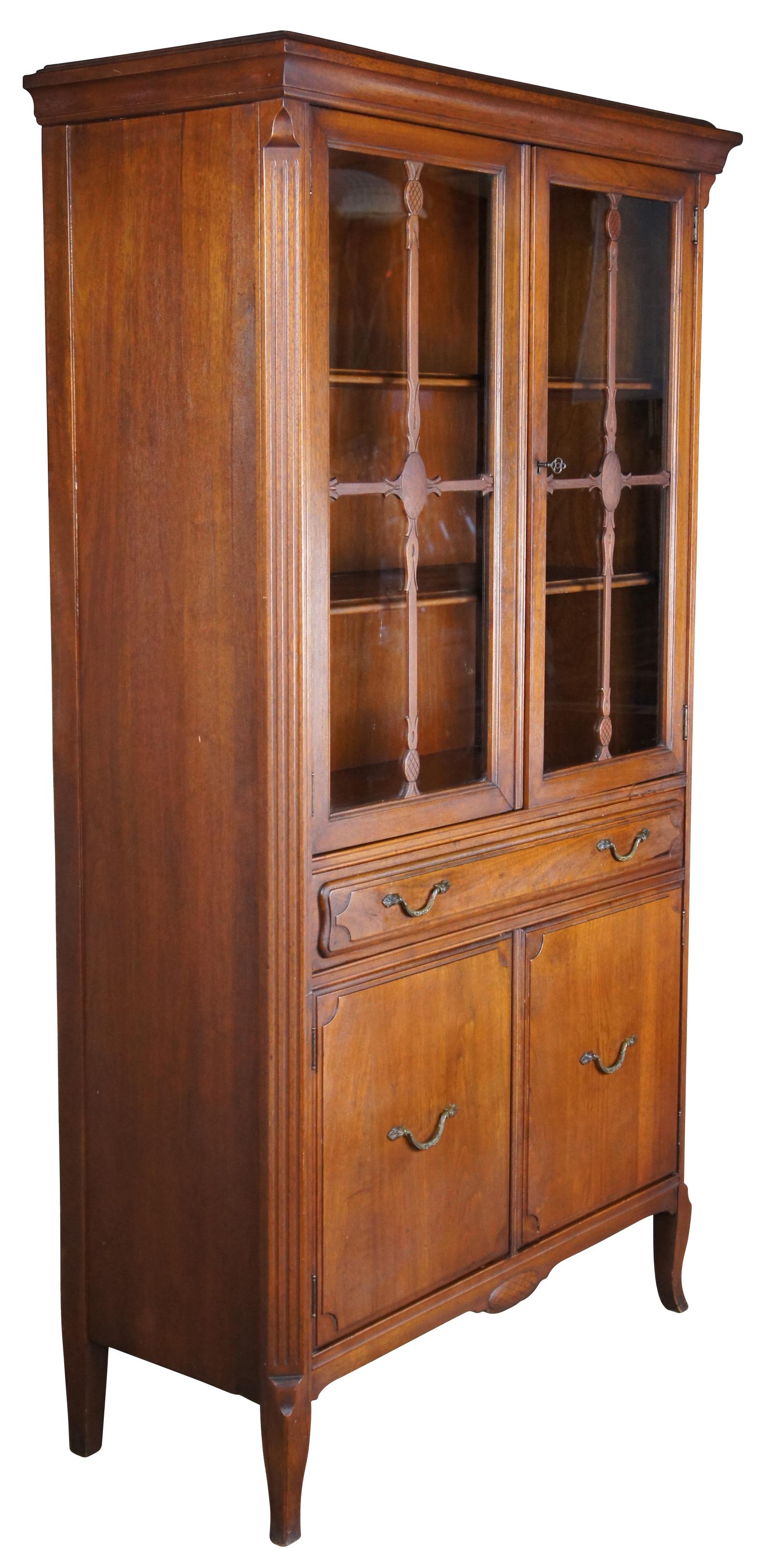 American Classical Antique Walnut China Curio Display Cabinet Hutch Library Bookcase Cupboard 67