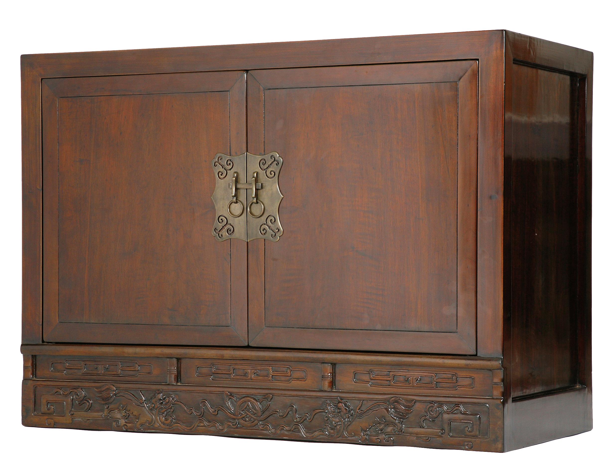 Ming Antique Walnut Compound Cabinet, Relief-Carved Fu-Dogs, Chinoiserie