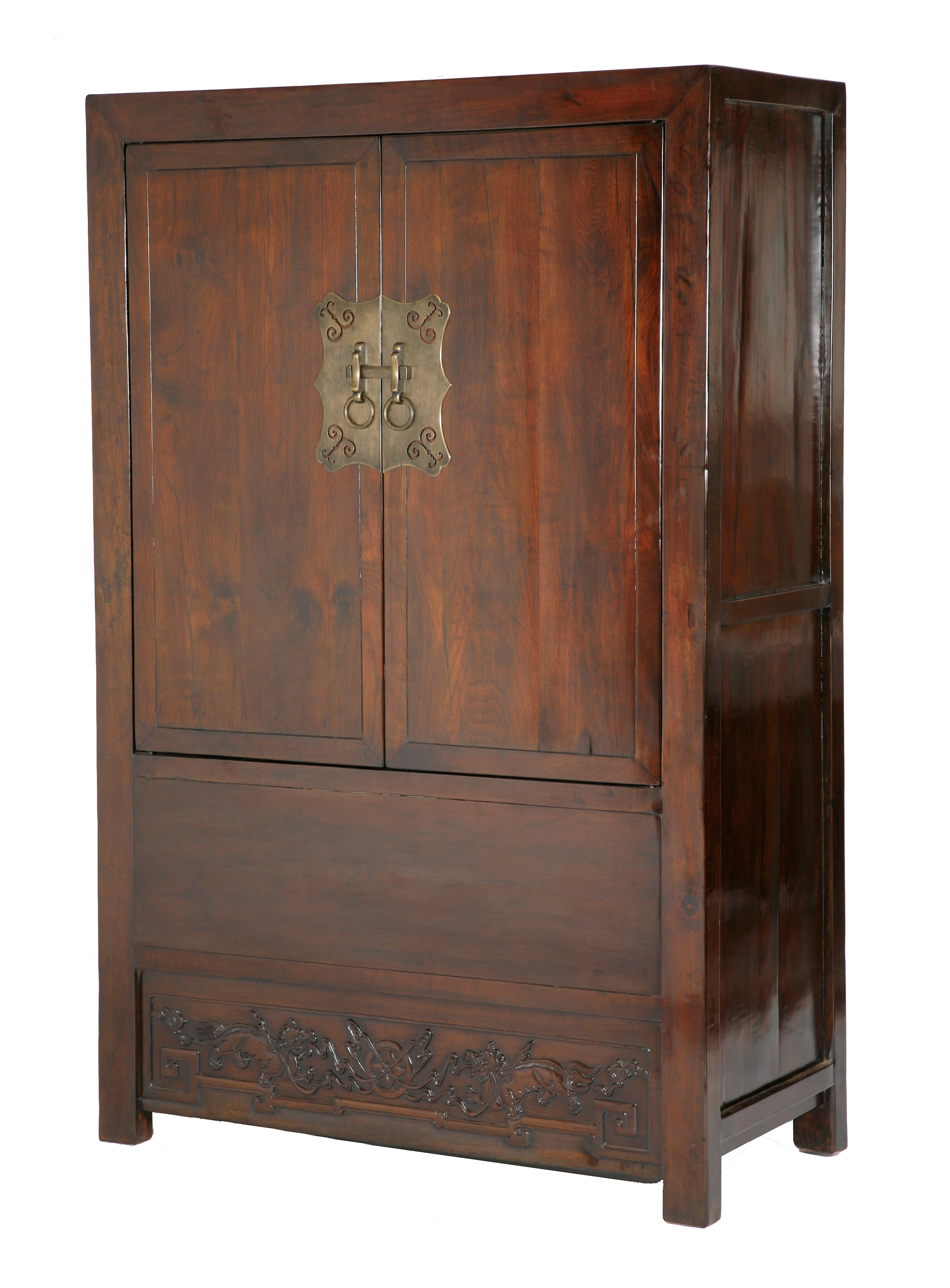 Chinese Antique Walnut Compound Cabinet, Relief-Carved Fu-Dogs, Chinoiserie