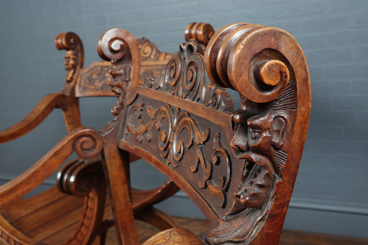 Antique Walnut Curule Chairs, circa 1880 For Sale 5