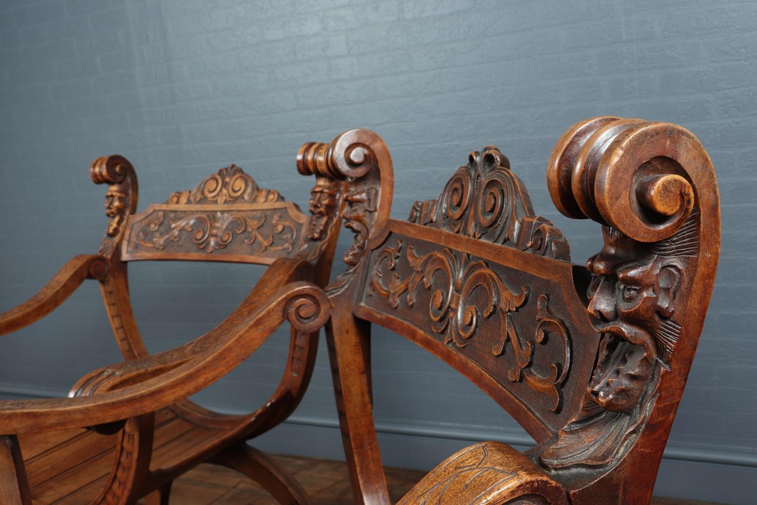 Antique Walnut Curule Chairs, circa 1880 For Sale 6