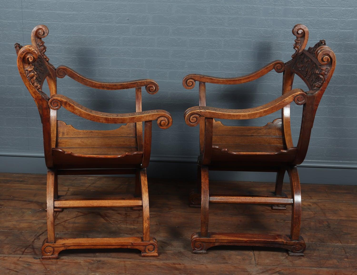 Renaissance Antique Walnut Curule Chairs, circa 1880 For Sale