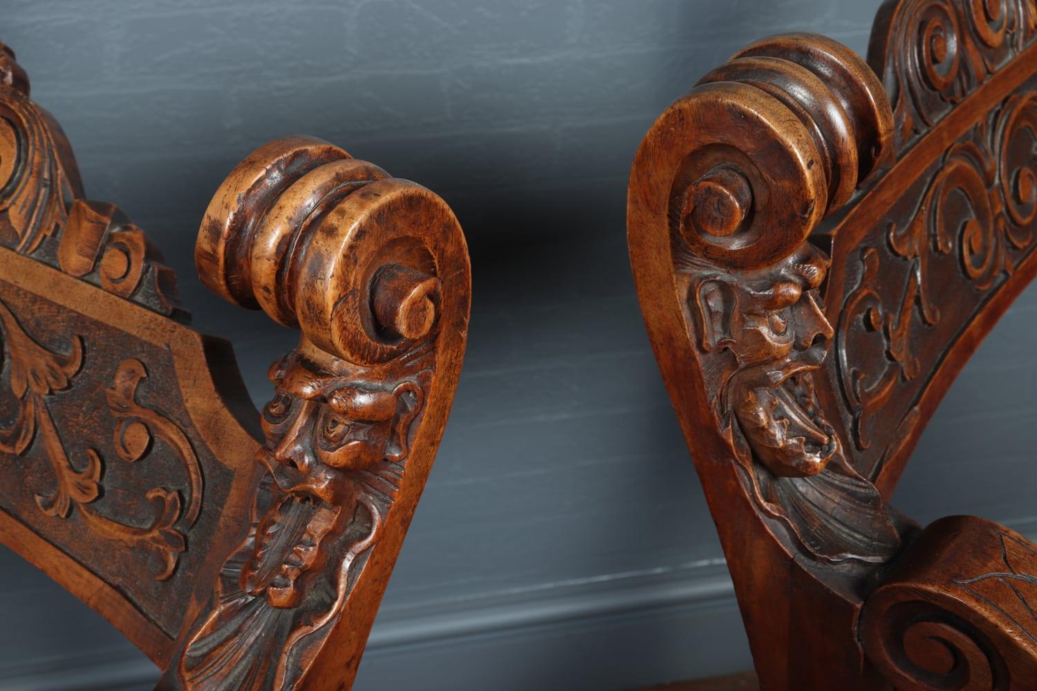 Late 19th Century Antique Walnut Curule Chairs, circa 1880 For Sale