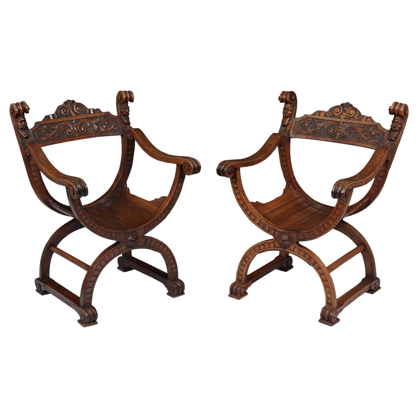 Antique Walnut Curule Chairs, circa 1880 For Sale