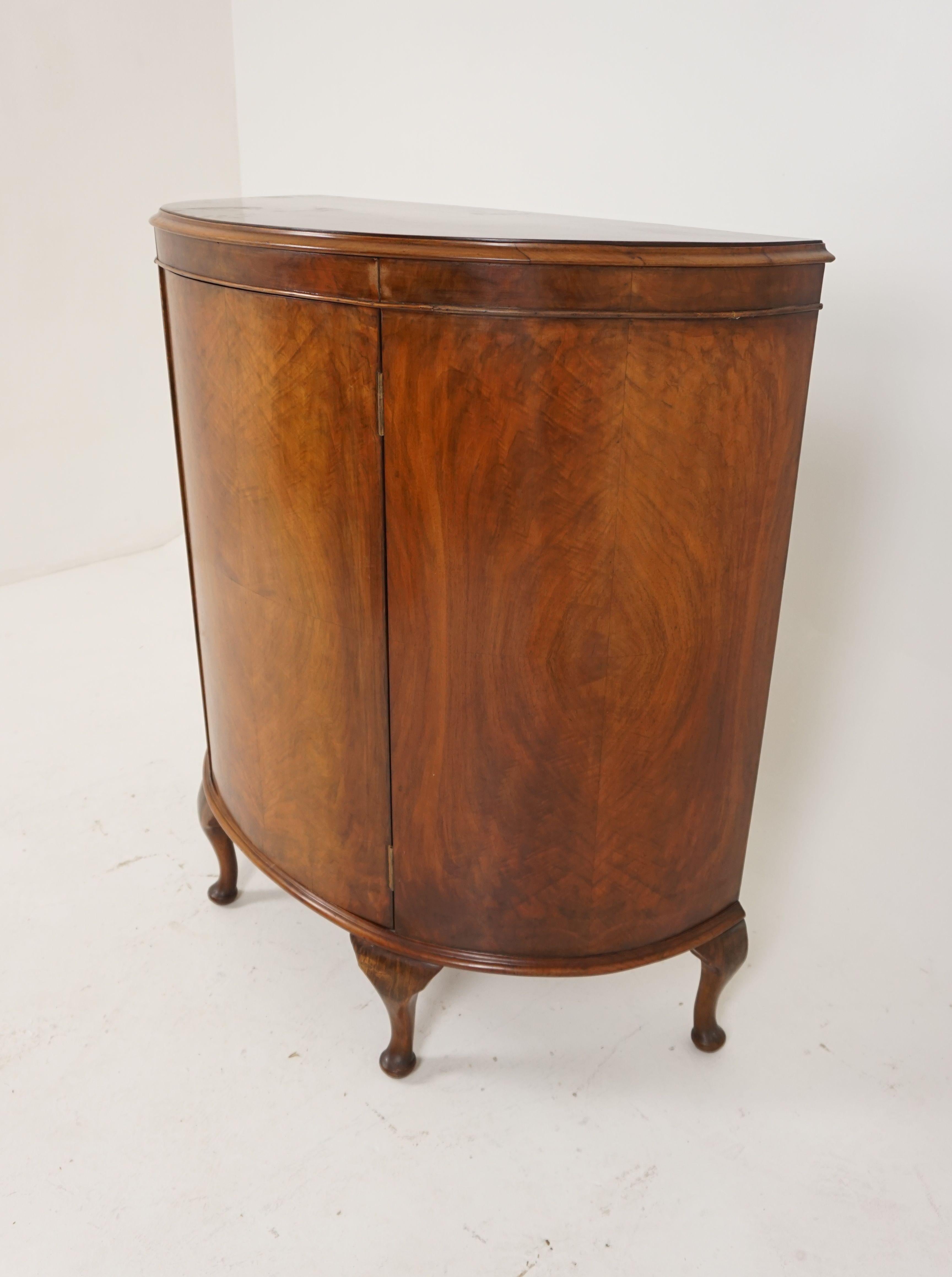 Antique Walnut Demilune Drink Cabinet, Bar Cabinet, Scotland 1930, B1954 In Good Condition In Vancouver, BC