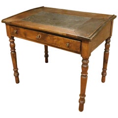 Antique Walnut Desk, Black Leather Top and Drawer, 19th Century, Italy