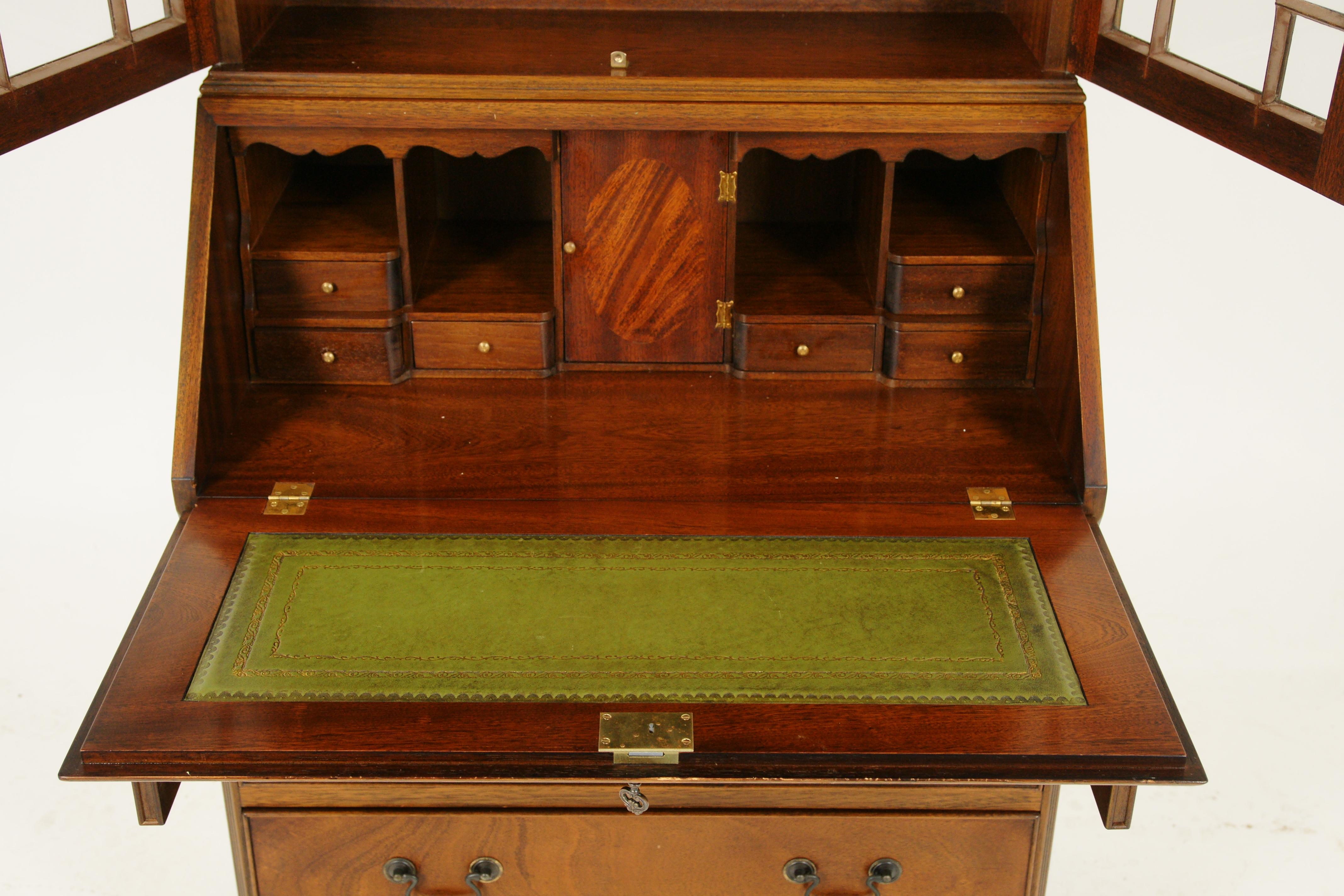 Scottish Antique Walnut Desk, Bookcase Top Slant Front Desk, Scotland 1950, B1770