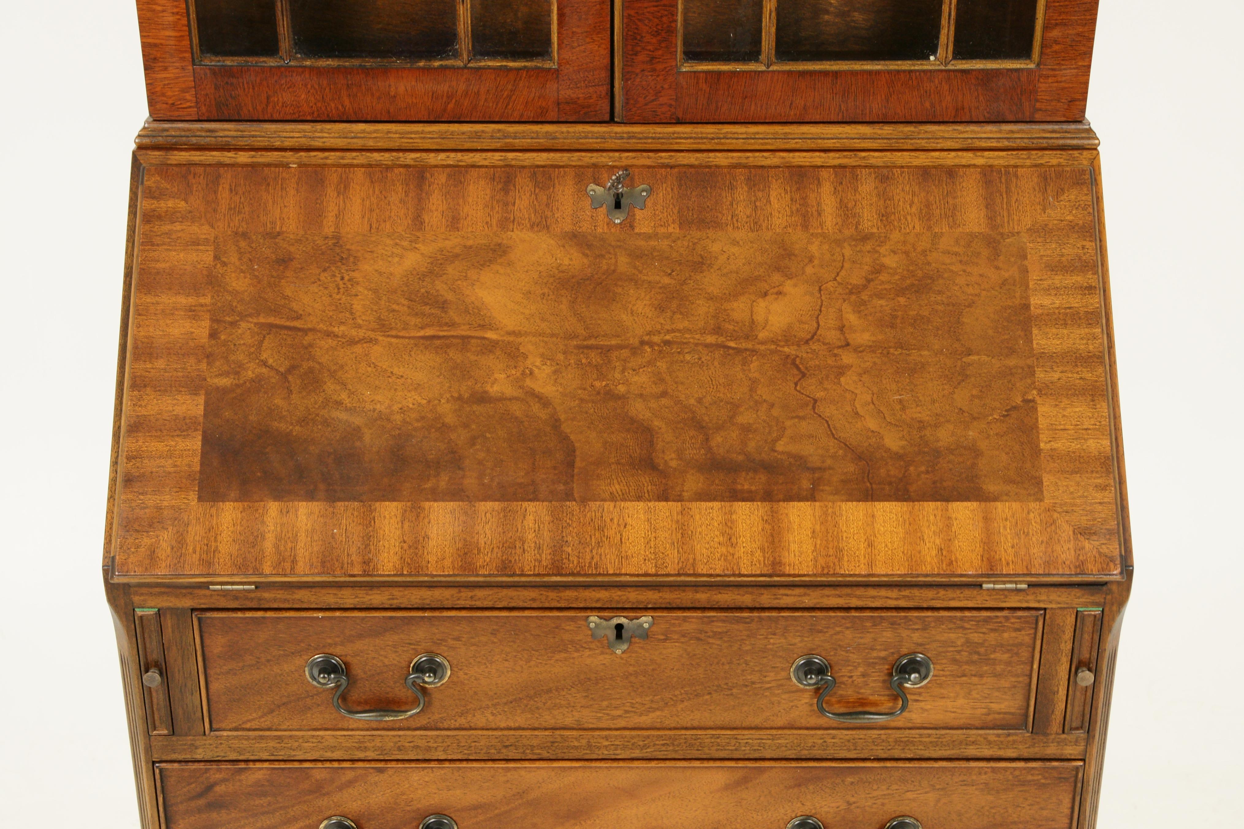 Mid-20th Century Antique Walnut Desk, Bookcase Top Slant Front Desk, Scotland 1950, B1770