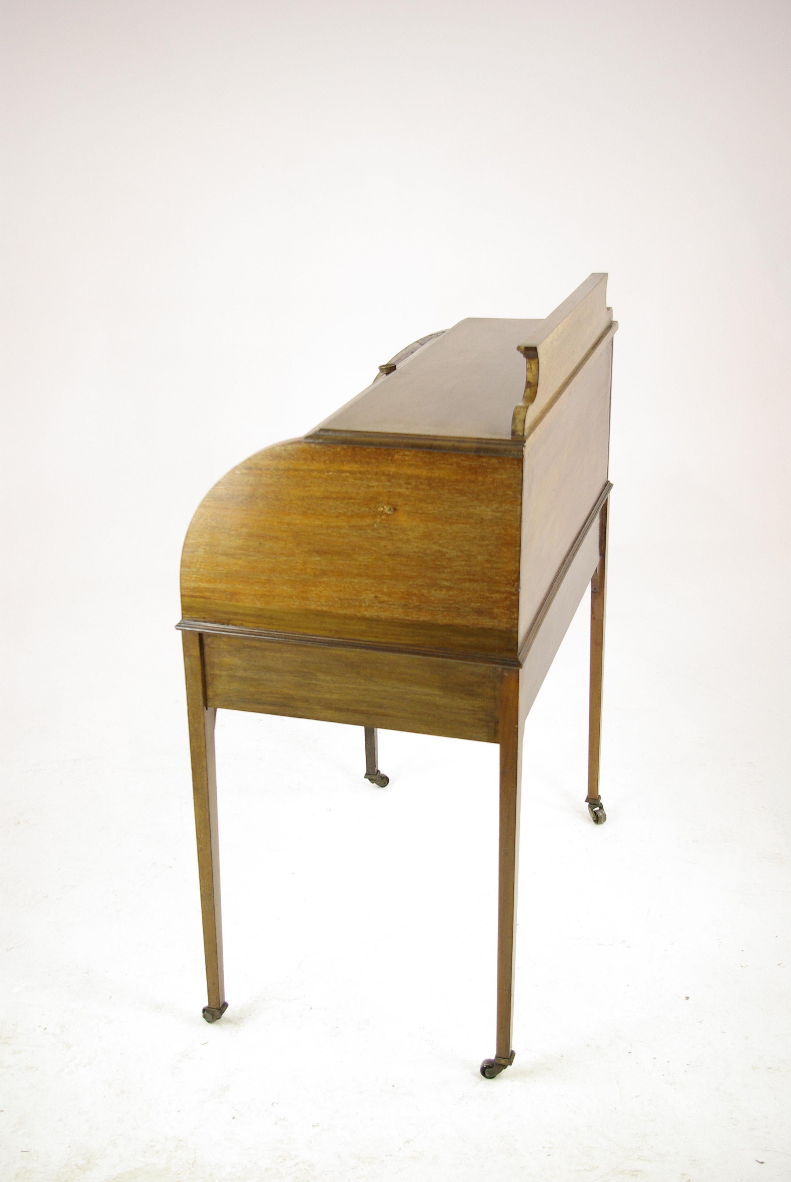 Scottish Antique Walnut Desk, Inlaid Cylinder Writing Table, Scotland 1910s, B1458