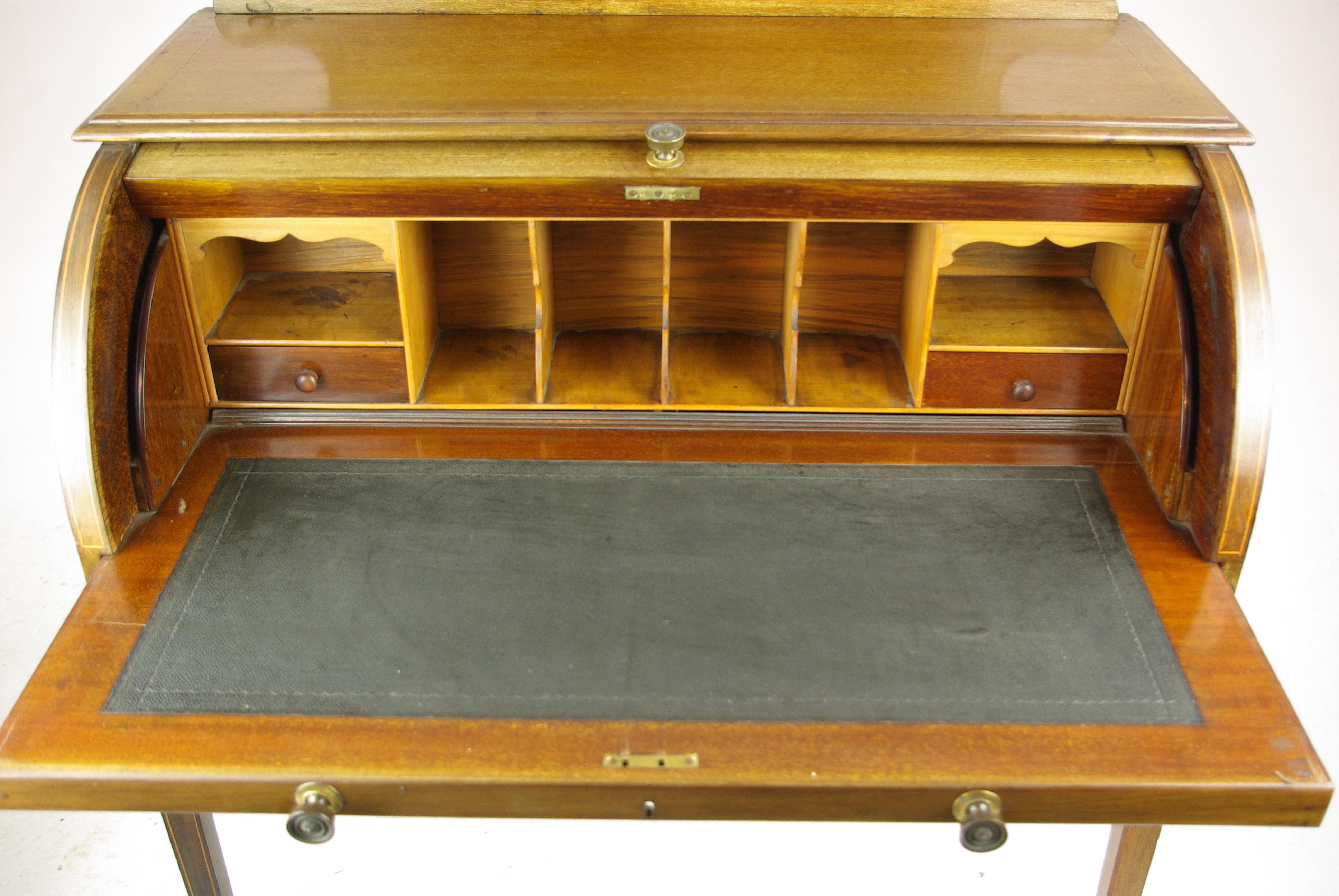 Antique Walnut Desk, Inlaid Cylinder Writing Table, Scotland 1910s, B1458 1