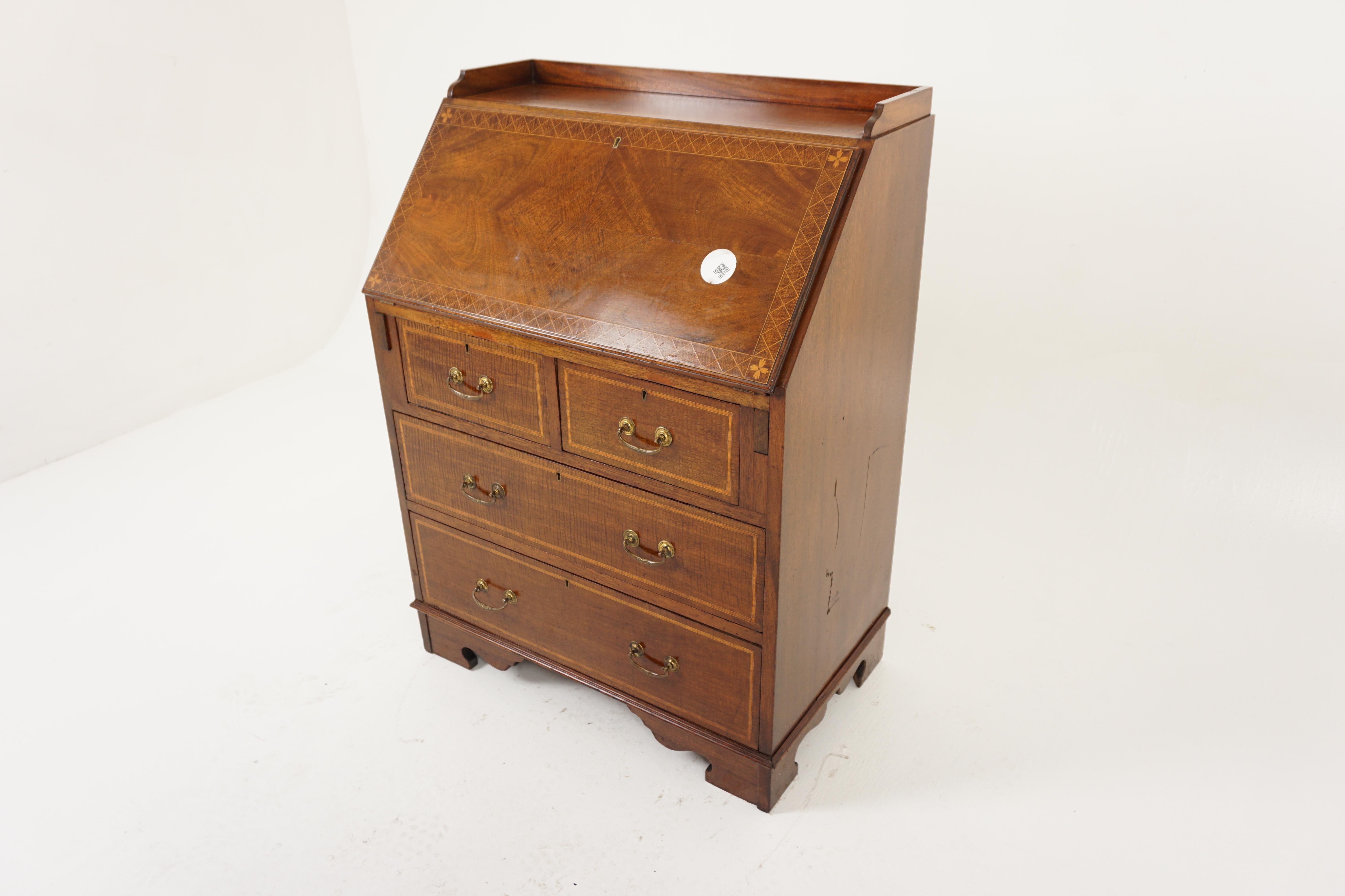 Antique Walnut Desk, Slant Front Desk, Drop Front Bureau, Scotland 1910 For Sale 4