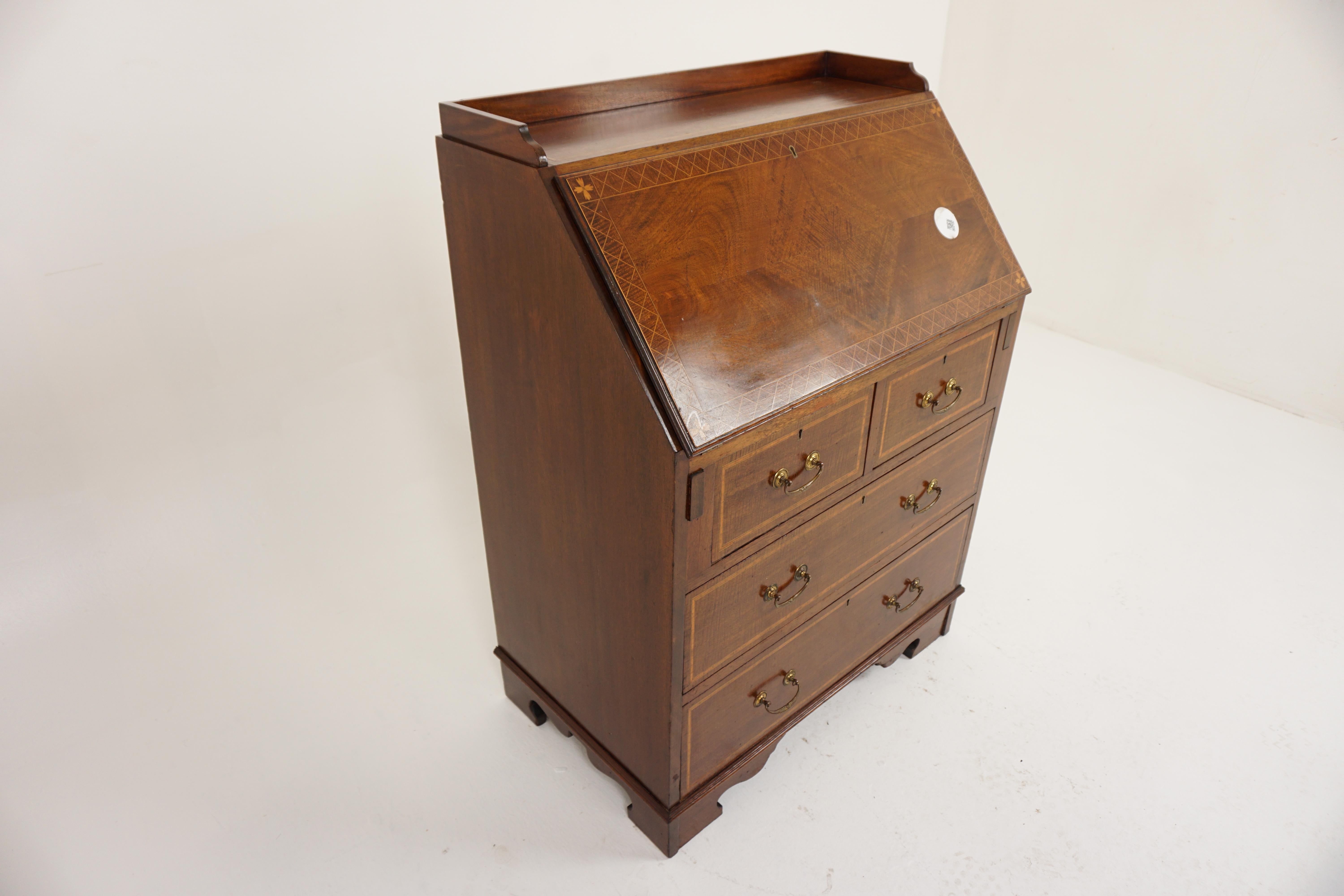 Antique Walnut Desk, Inlaid Walnut Slant Front Desk, Drop Front Bureau, Antique Furniture, Scotland 1910, H1141 

+ Scotland 1910
+ Solid Walnut
+ Original finish
+ Rectangular moulded top with raised gallery
+ The fall front top and drawer