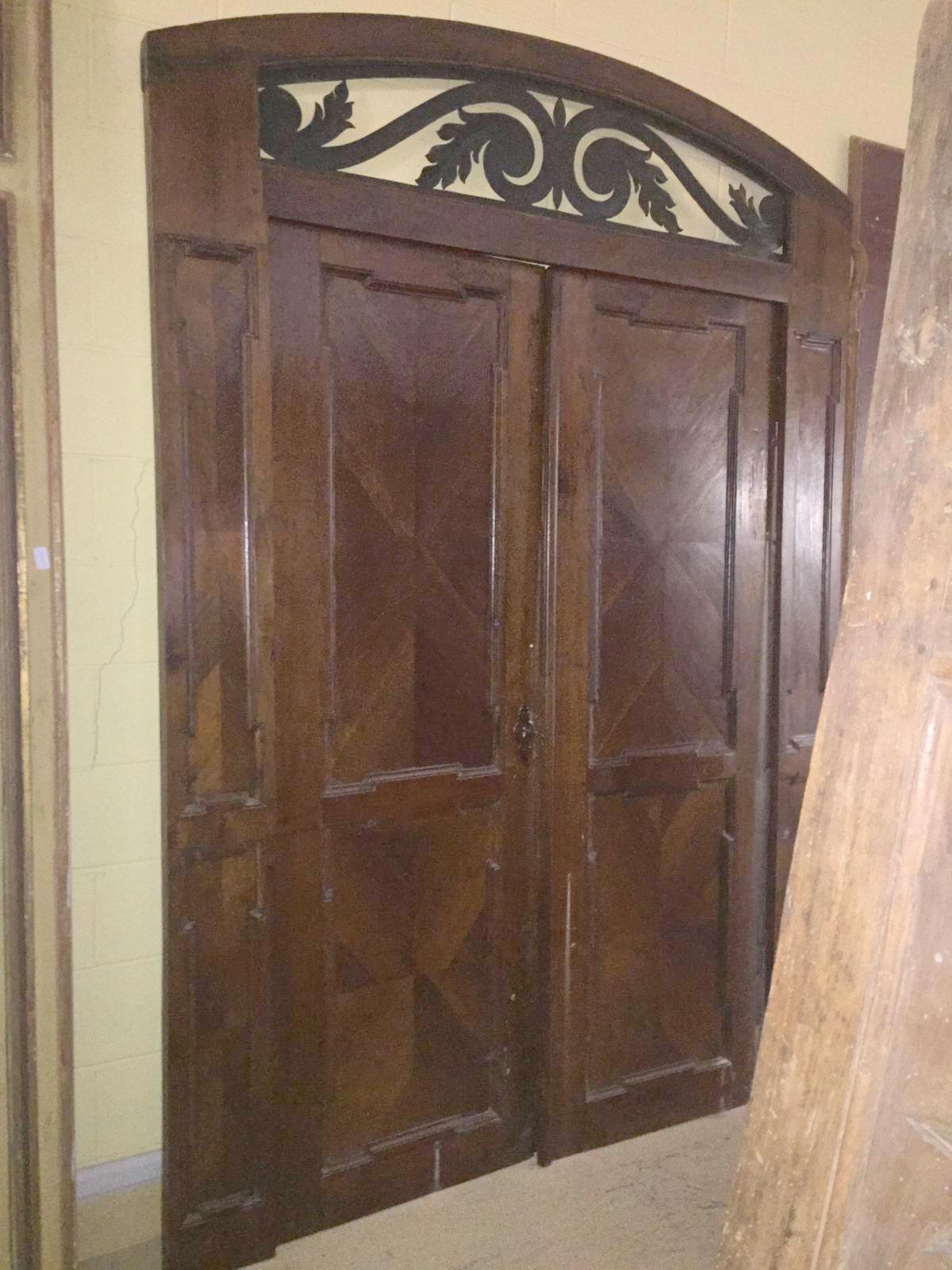 Hand-Carved Antique Walnut double Door , original frame and iron, '700 Italy For Sale