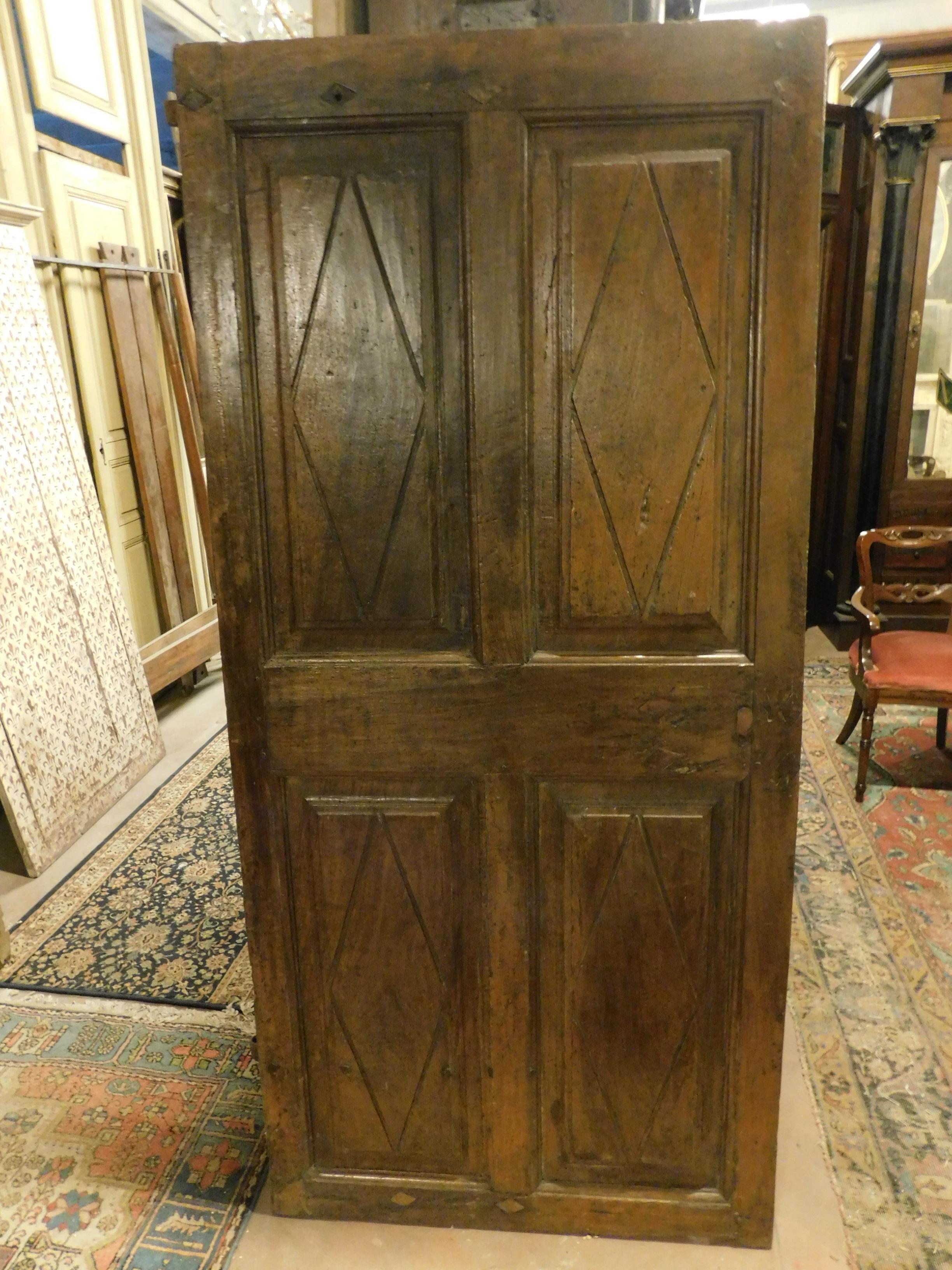 Hand-Carved Antique Walnut Door with Piedmontese Carved Lozenges, 18th Century Italy For Sale