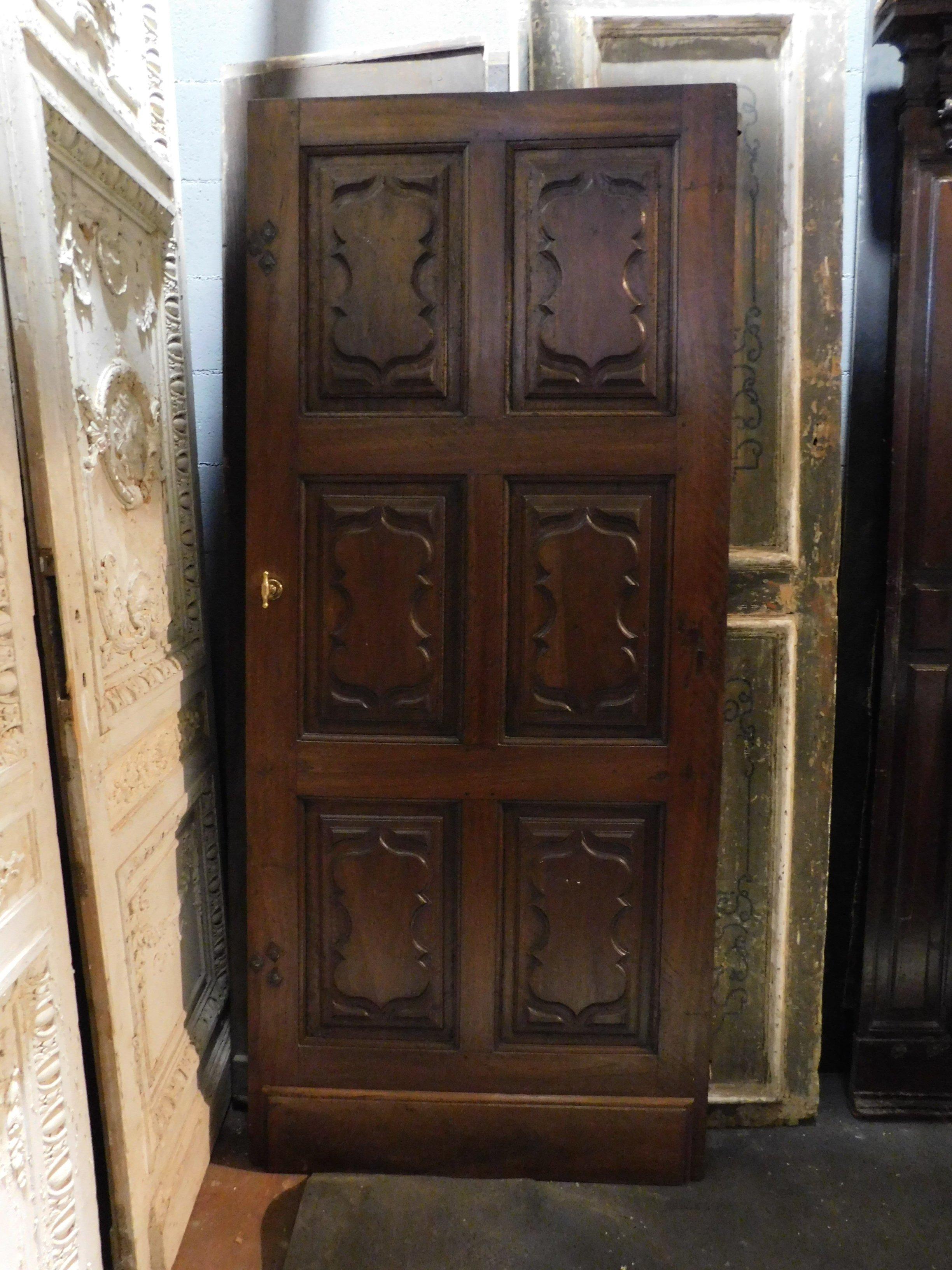 Hand-Carved Antique Walnut Door with Six Carved Panels, 18th Century, Italy