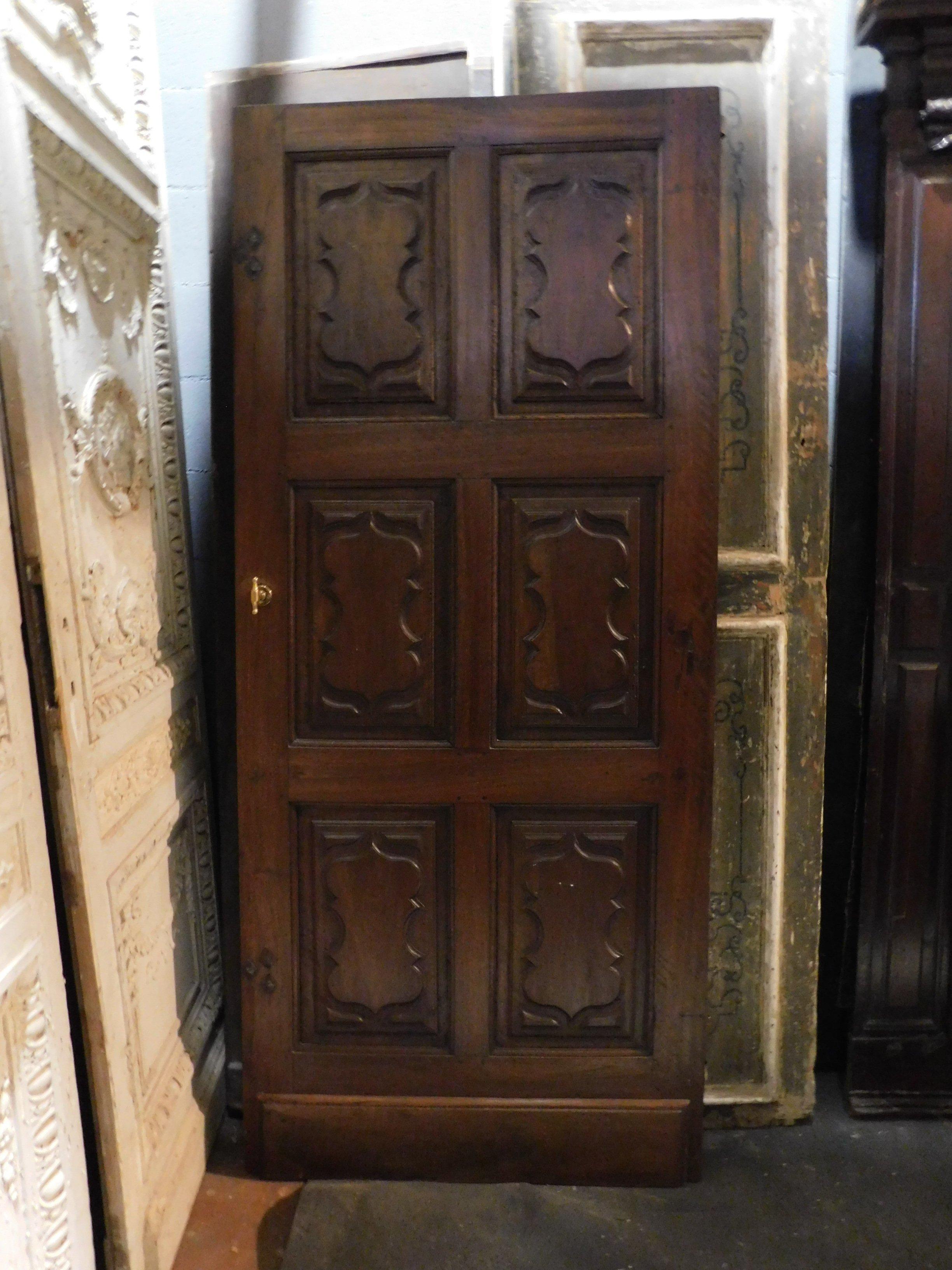 18th Century and Earlier Antique Walnut Door with Six Carved Panels, 18th Century, Italy
