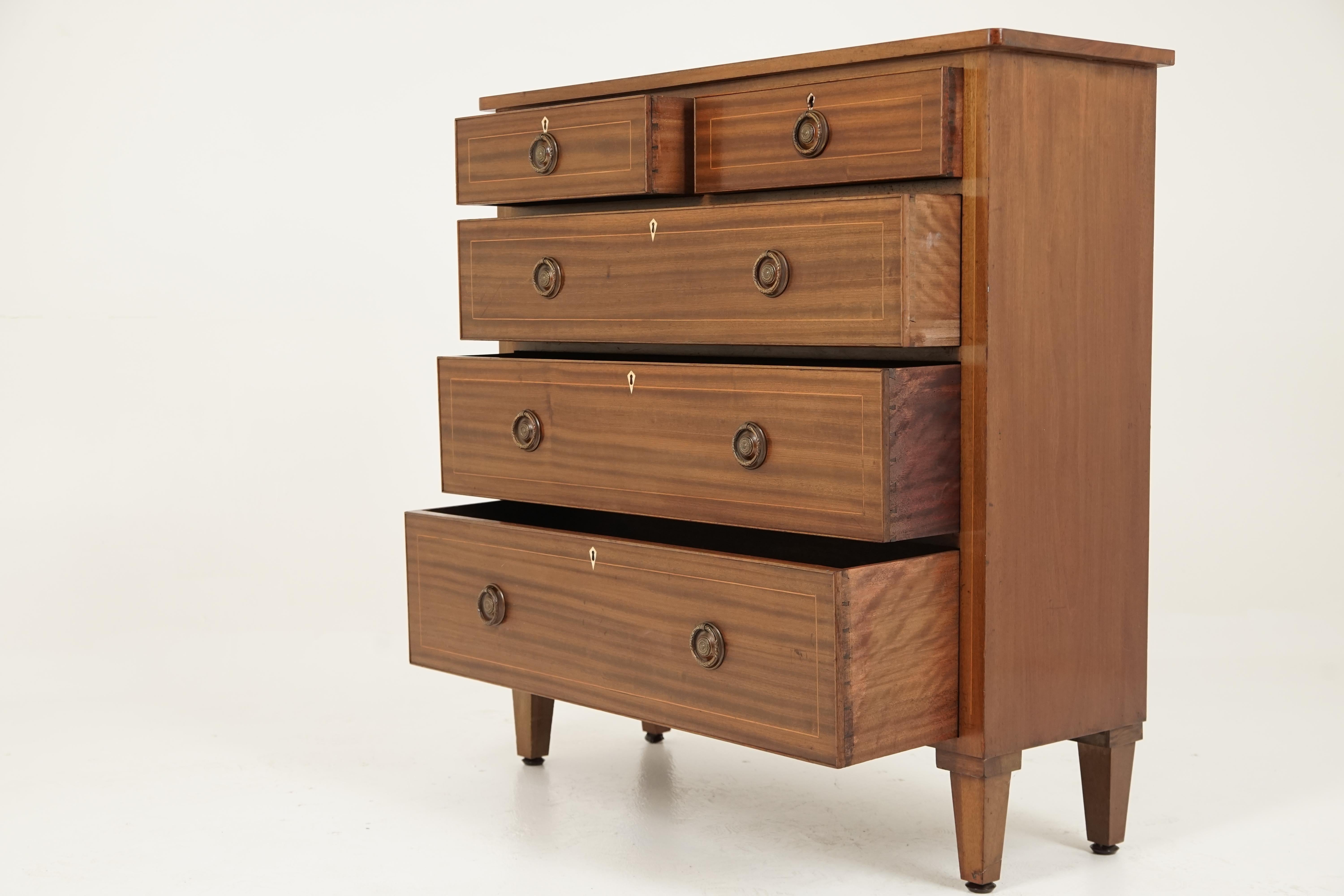 Hand-Crafted Antique Walnut Dresser, Inlaid, Fine Chest of Drawers, Scotland, 1910