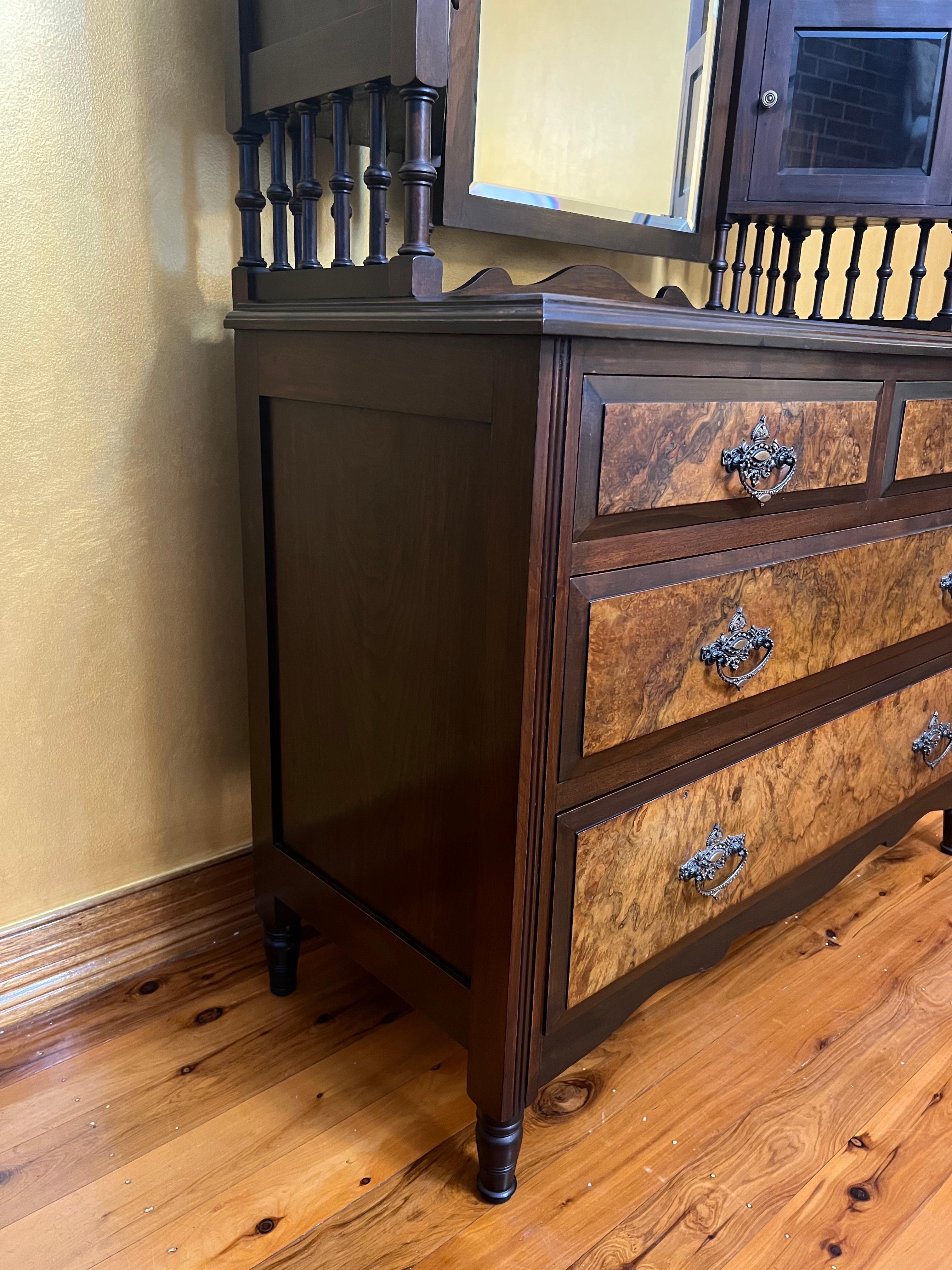 Antique Walnut Dressing Table Four Drawers with Mirror For Sale 4