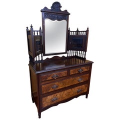 Antique Walnut Dressing Table Four Drawers with Mirror