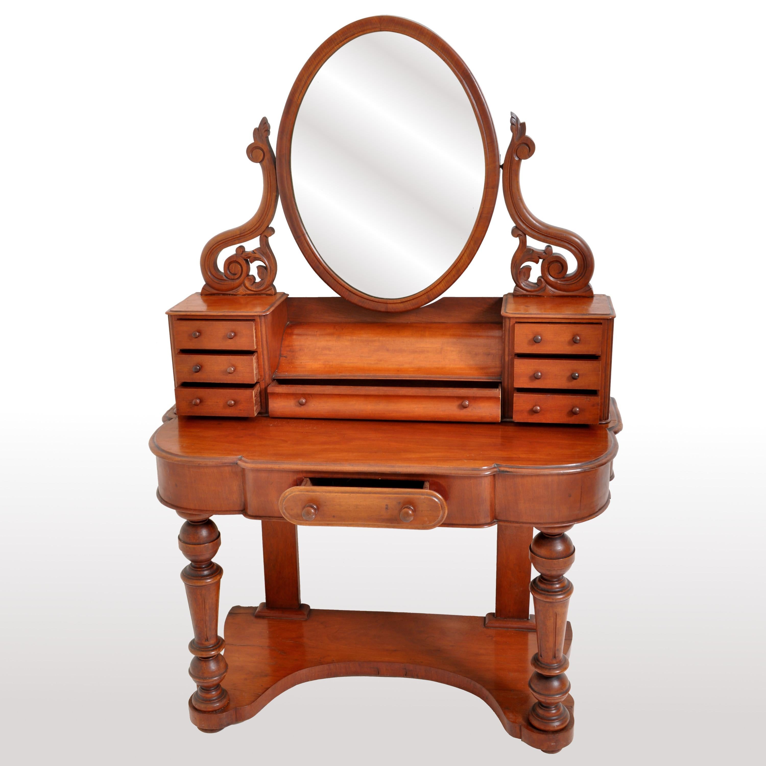 Anglais Ancienne coiffeuse de duchesse en noyer avec miroir pivotant, circa 1870