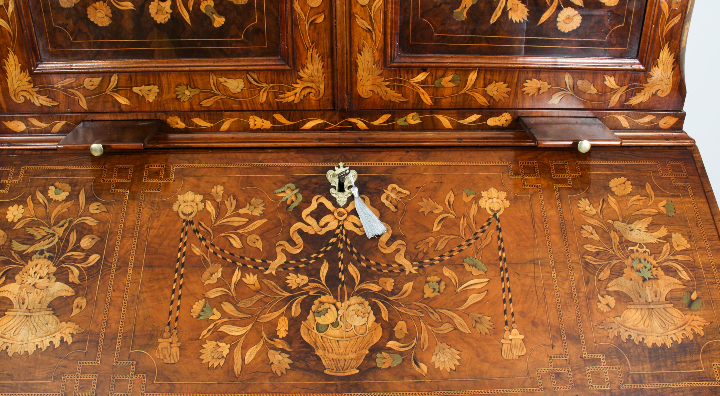 Antique Walnut Dutch Marquetry Bureau Cabinet Bookcase 18th Century For Sale 5