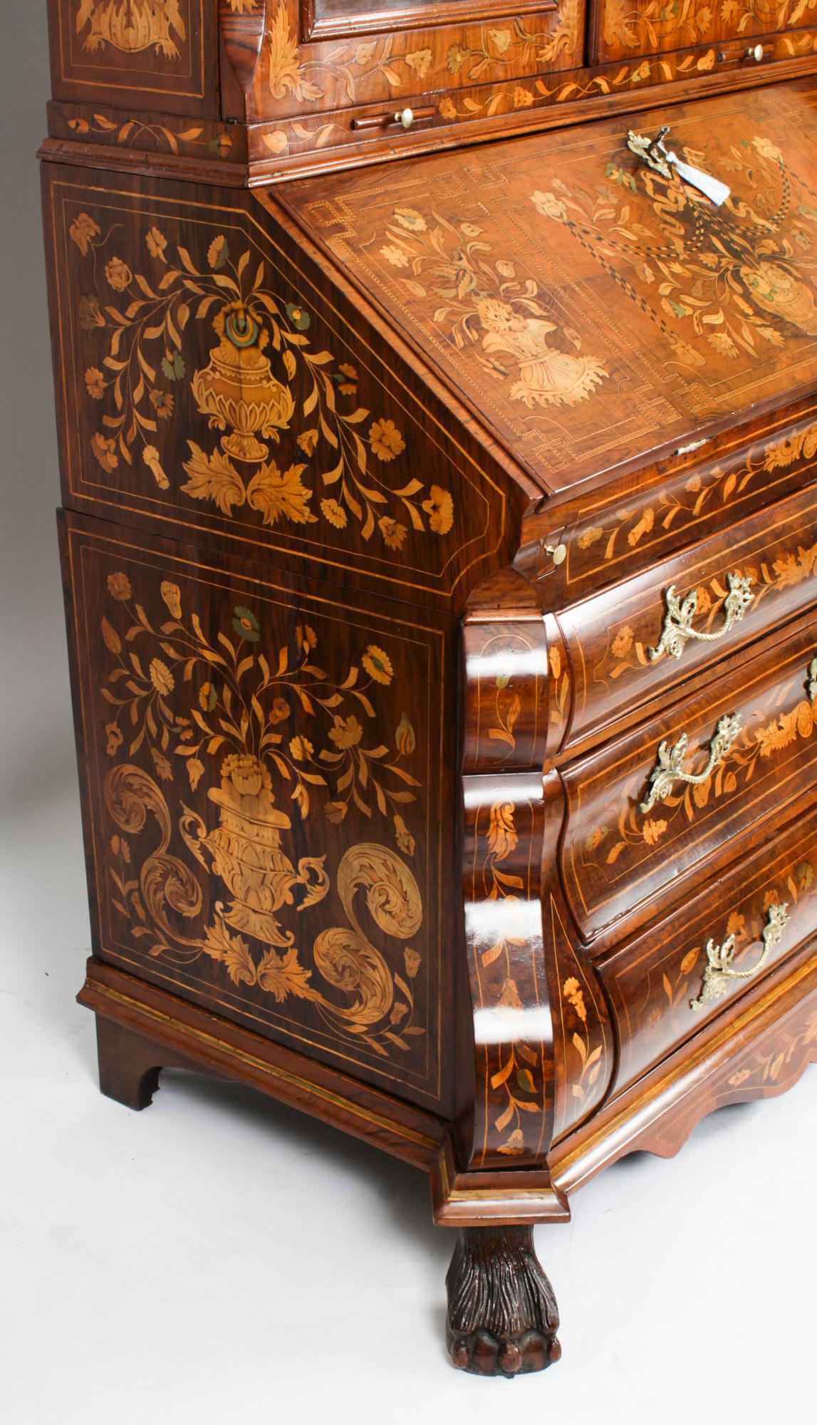 Antique Walnut Dutch Marquetry Bureau Cabinet Bookcase 18th Century For Sale 6