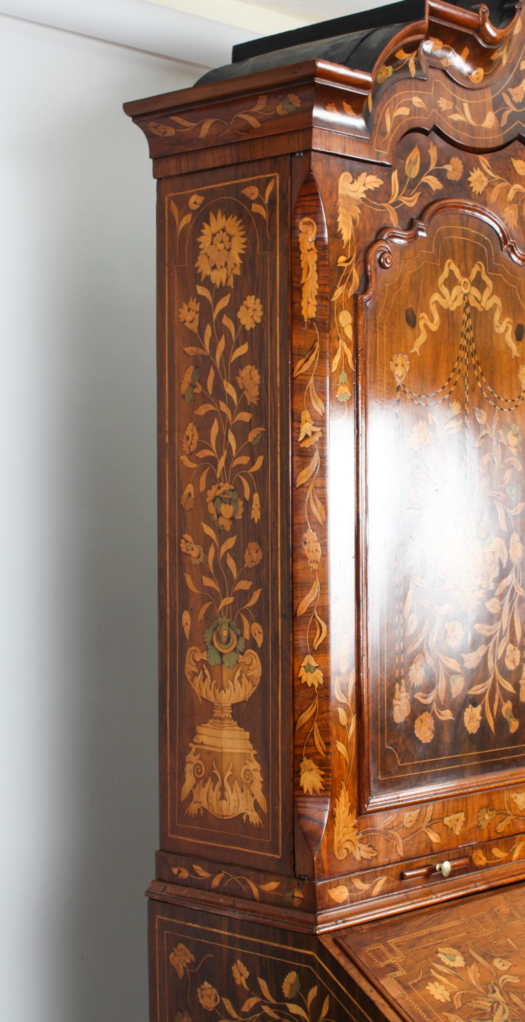 Antique Walnut Dutch Marquetry Bureau Cabinet Bookcase 18th Century For Sale 7