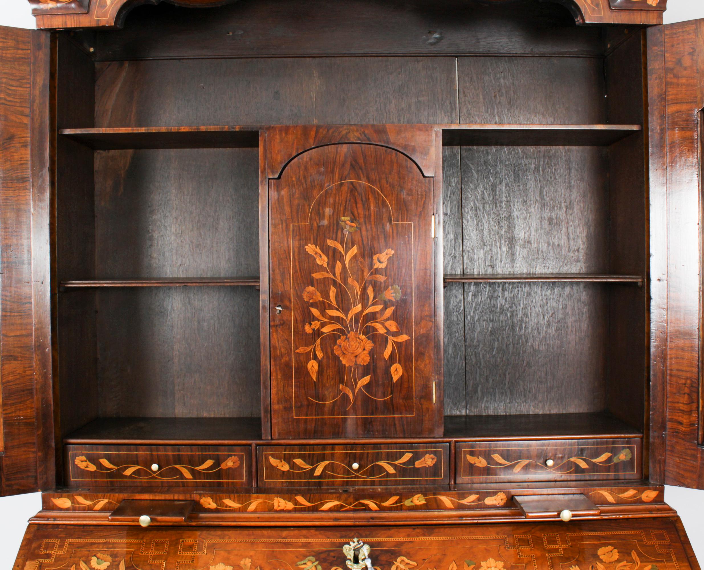 Antique Walnut Dutch Marquetry Bureau Cabinet Bookcase 18th Century For Sale 8