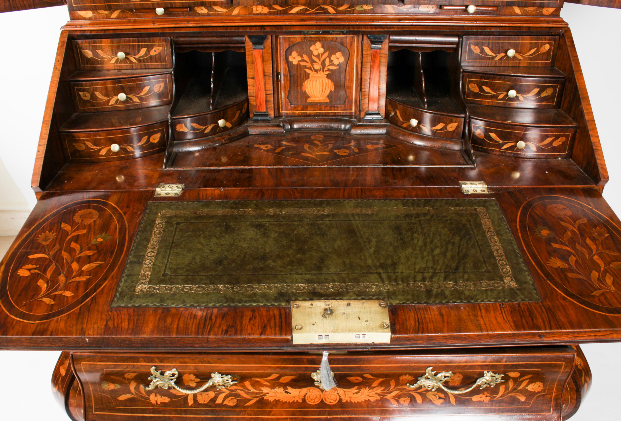 Antique Walnut Dutch Marquetry Bureau Cabinet Bookcase 18th Century For Sale 9