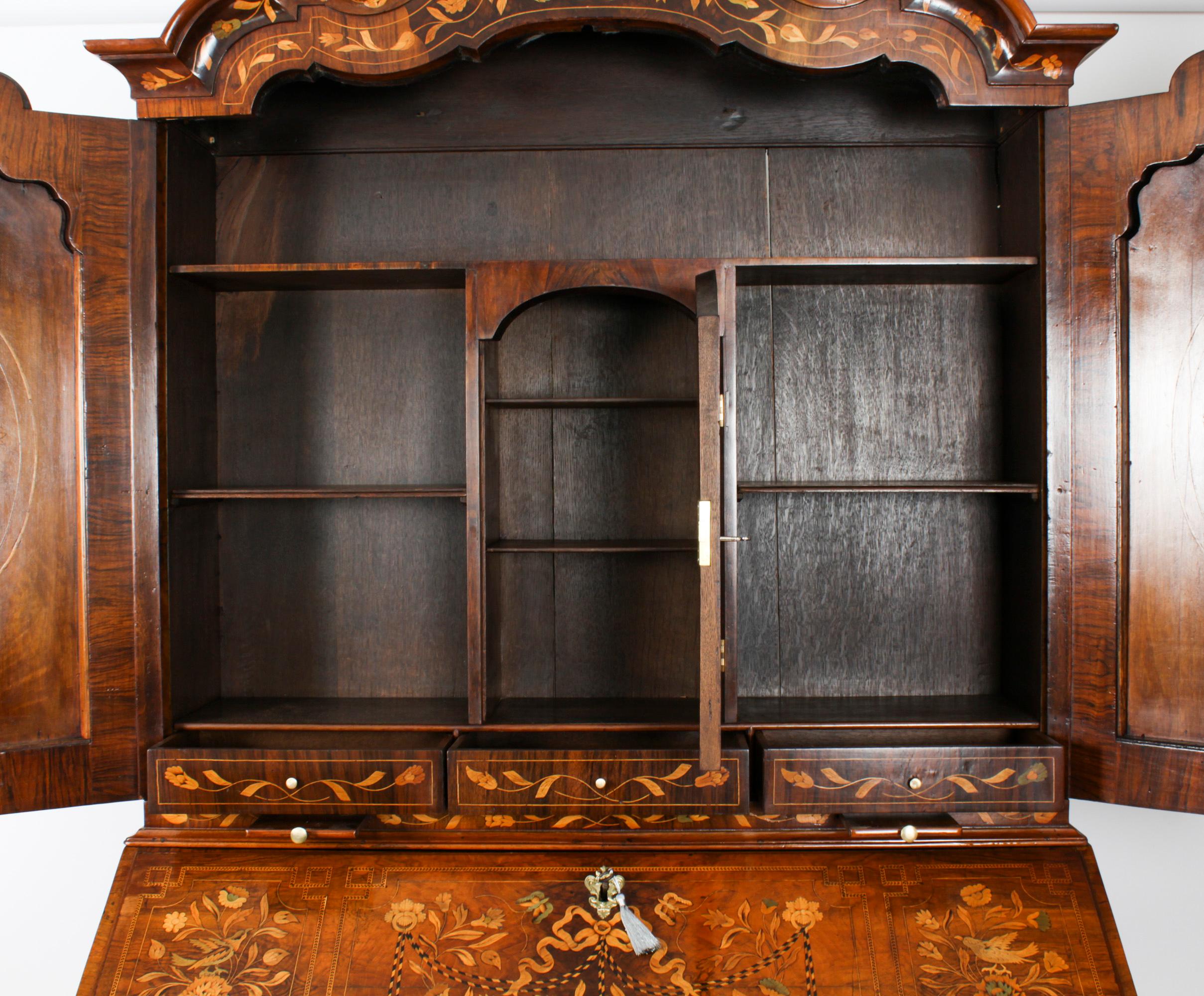 Antique Walnut Dutch Marquetry Bureau Cabinet Bookcase 18th Century For Sale 12