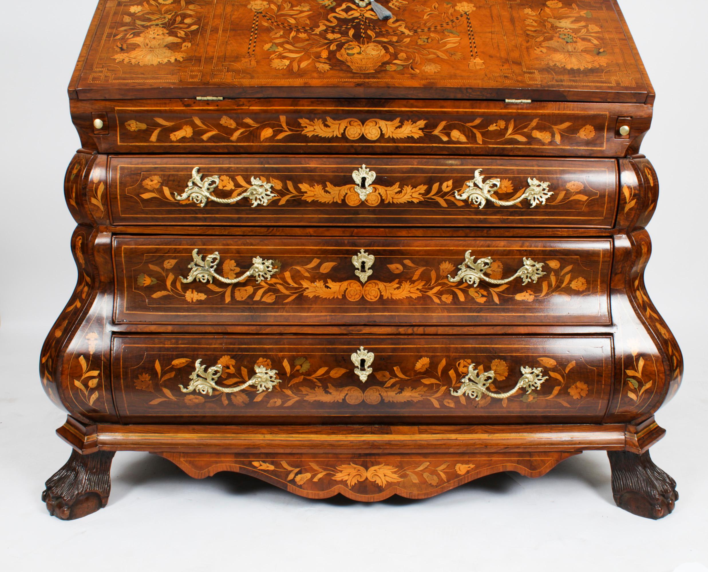 Antique Walnut Dutch Marquetry Bureau Cabinet Bookcase 18th Century In Good Condition For Sale In London, GB
