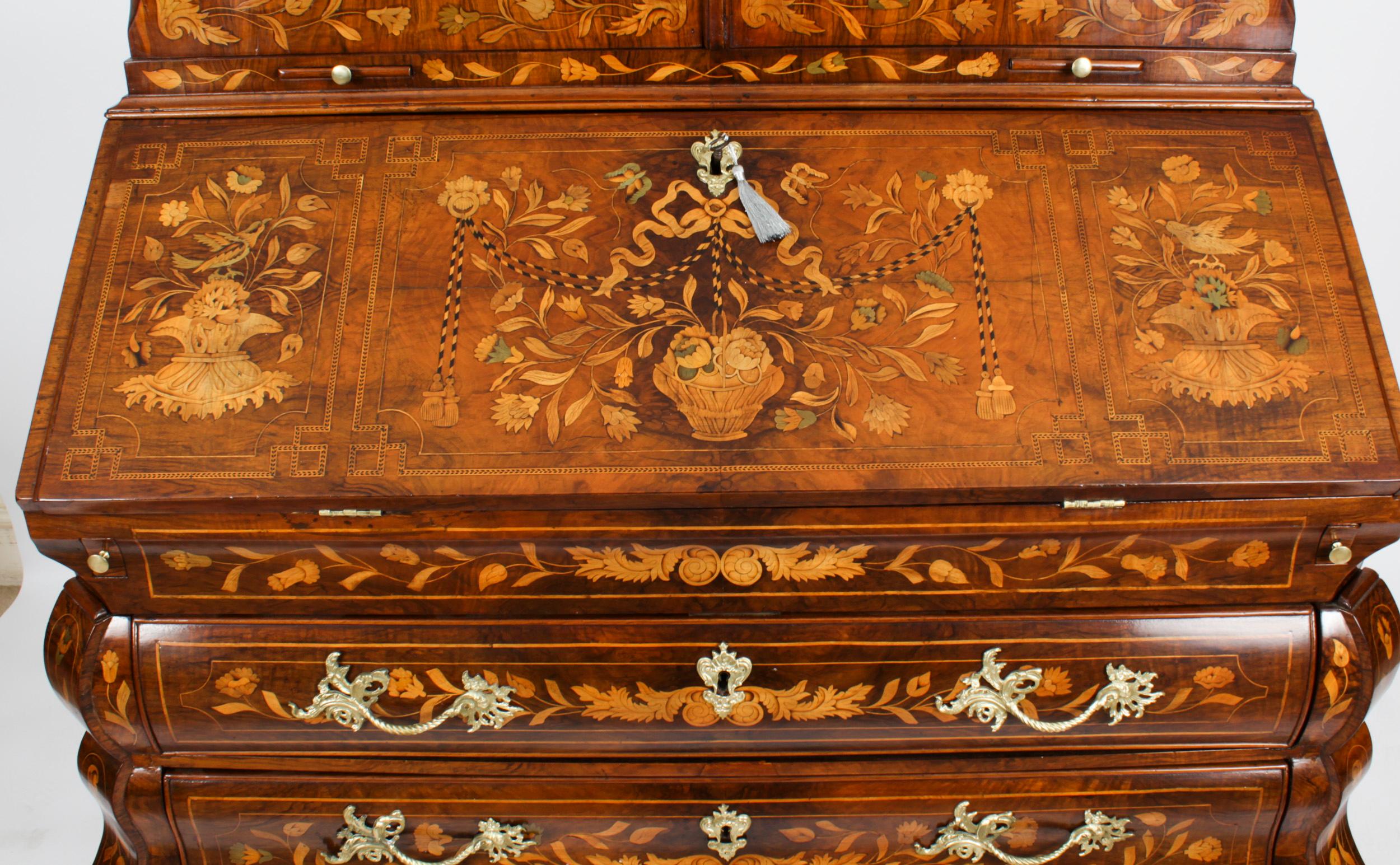 Late 18th Century Antique Walnut Dutch Marquetry Bureau Cabinet Bookcase 18th Century For Sale